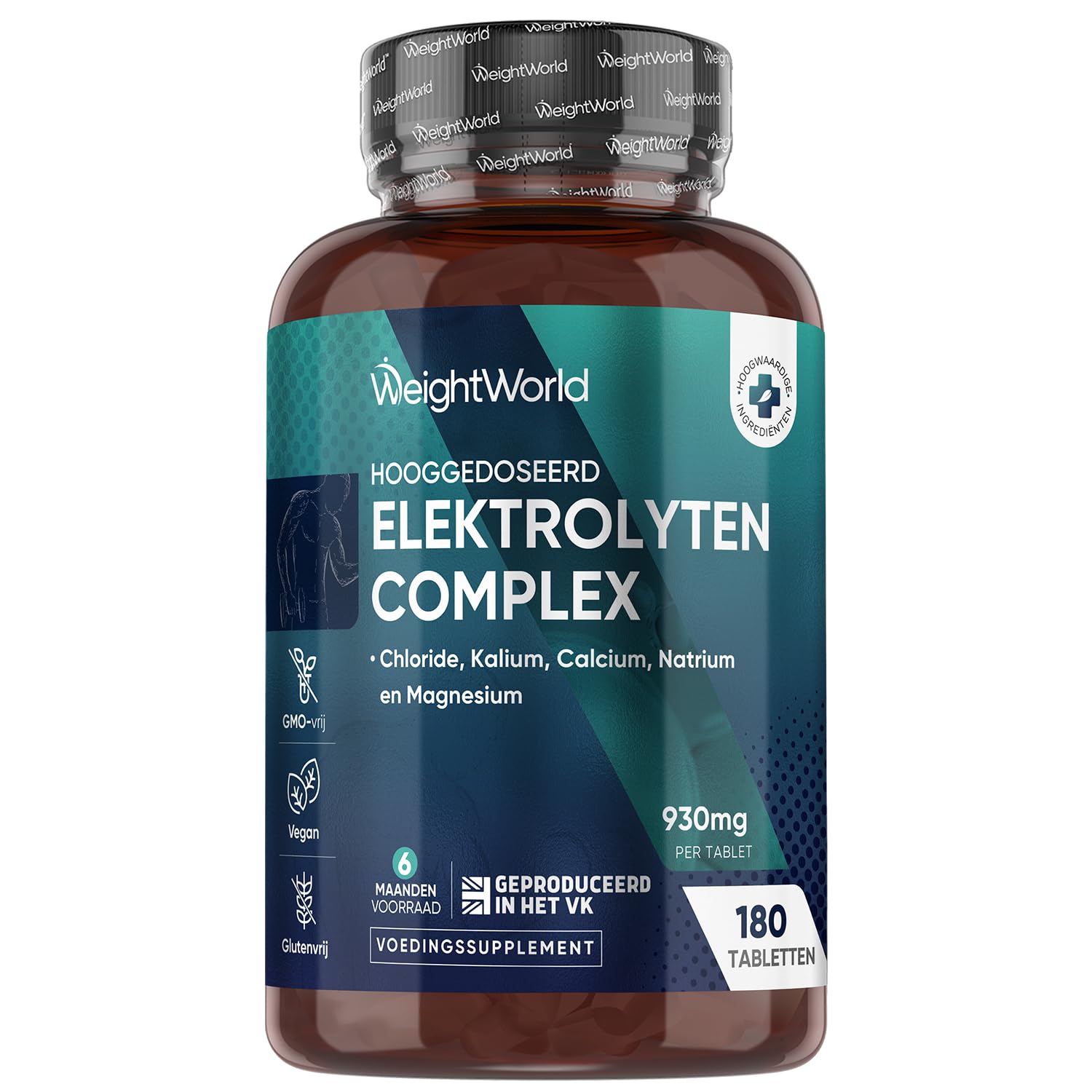 Elektrolyten tabletten - 930 mg - Met chloride, natrium, kalium, magnesium en calcium - Suikervrij - 180 vegan tabletten voor 6 maanden voorraad - Gemaakt in het Verenigd Koninkrijk - WeightWorld