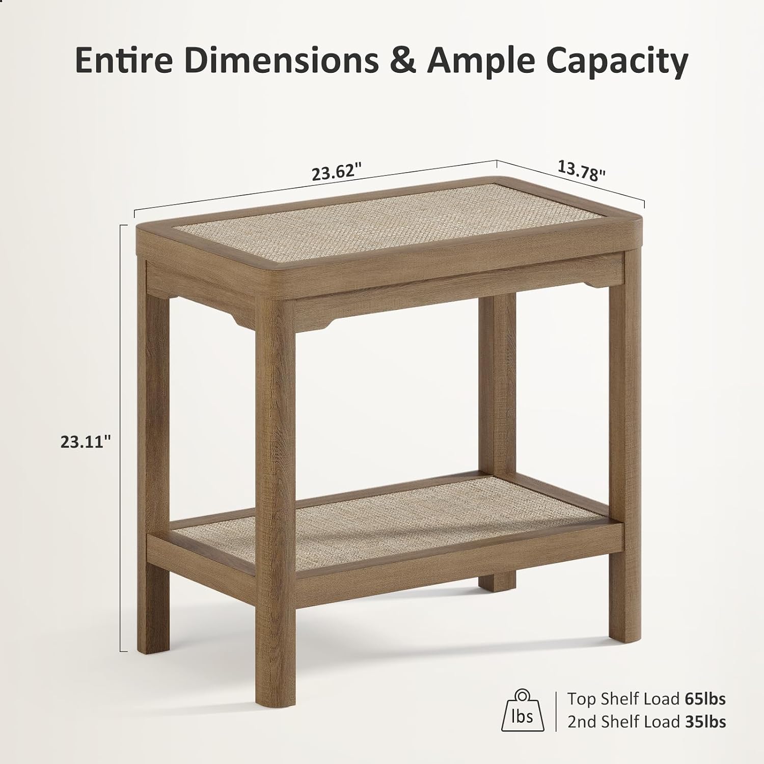 eclatara night stand, farmhouse end table with 2 tier boho rattan shelves, side tables with round edge design, ultra-thick legs bedside nightstand for bedroom, caramel oak caramel oak, round edges 1