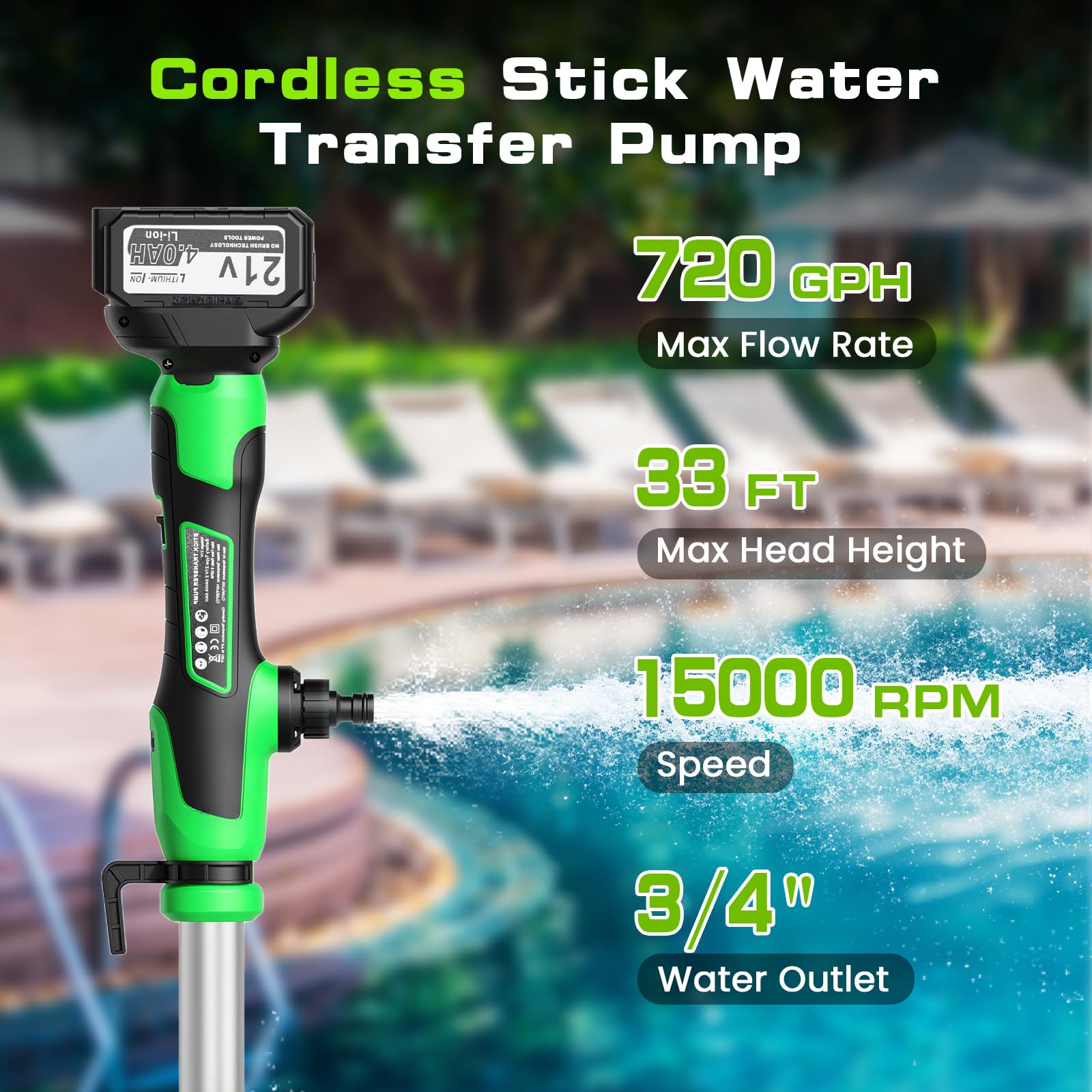 Pompa di Trasferimento dell'Acqua a Stelo Senza Fili, 2000 L/H, Pompa di Sentina Portatile con Tubo Giardino NPT 19 mm, Compatibile 20 V MAX (Senza Batteria) per Piscina Giardino Stagno