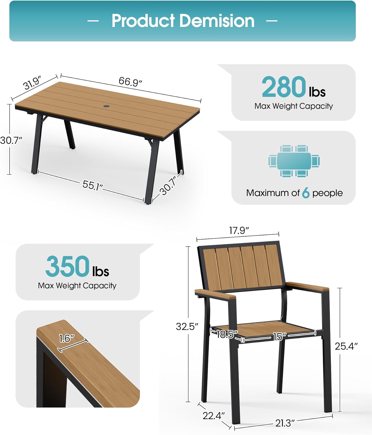 Ciokea Outdoor Rectangle Dining Table, Patio Table with Umbrella Hole, All-Weather HDPS + Aluminum Durable Furniture for Backyard, Poolside, Lawn & Garden, Deck | Teak