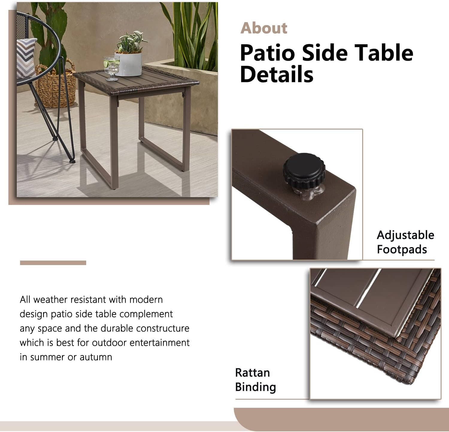 Wicker Outdoor Side Table for Patio, All Weather Small Square Rattan Outdoor End Table, Wicker Table for Outside Porch Balcony Lawn Garden Bistro, Brown