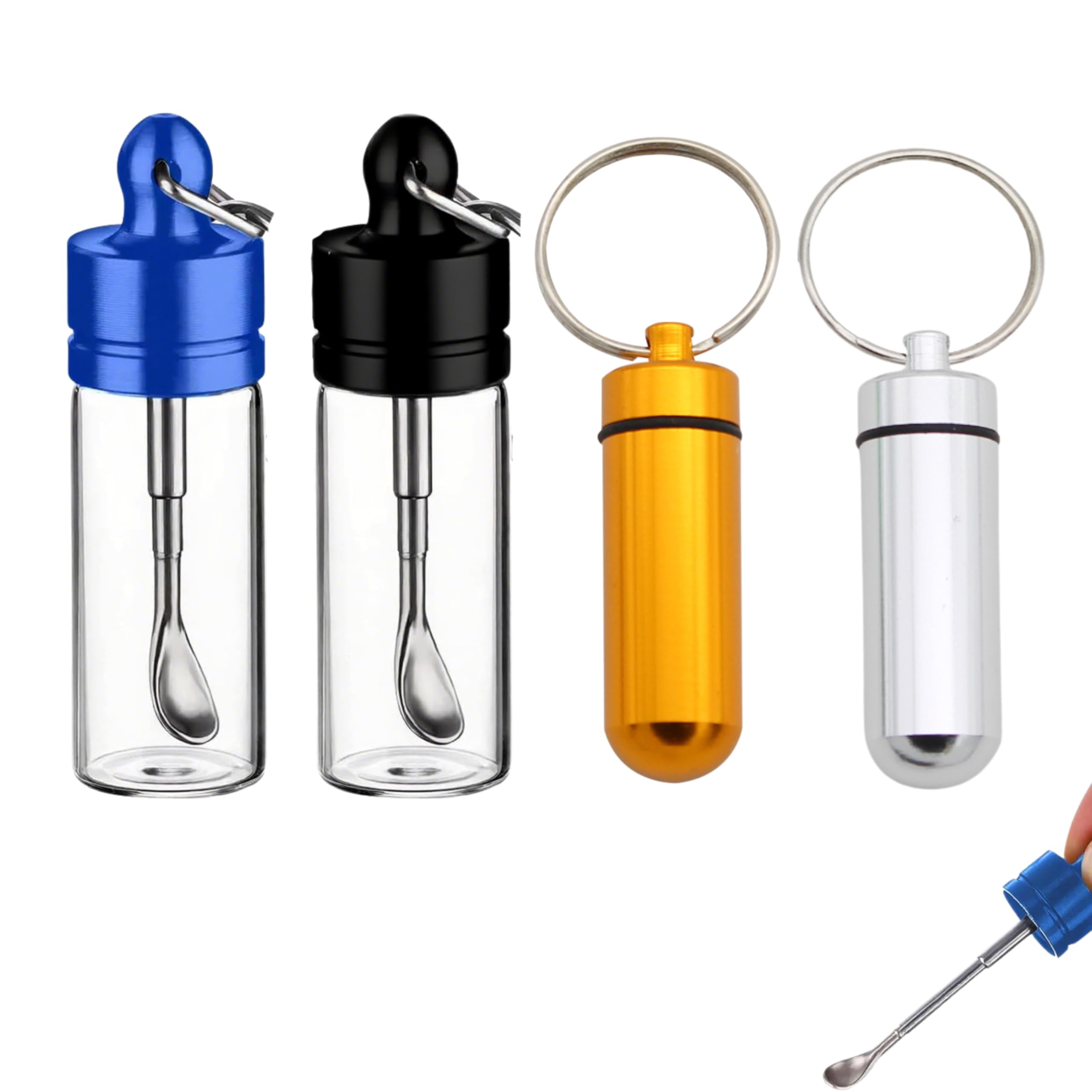 4PCS Mini Bottle with Spoon Kit, Portable Glass Containers Metal Waterproof Small Pill Case Container Refillable Container Keychain for Kitchen Spices, Outdoor Travel Camping