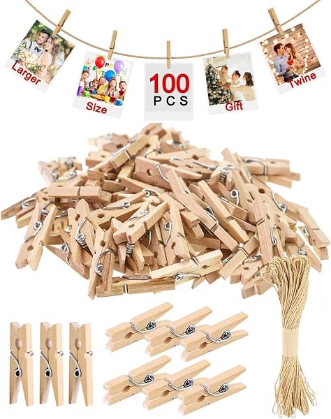 Nokwocy mini pinzas de madera, 100 piezas, 10 m cuerda