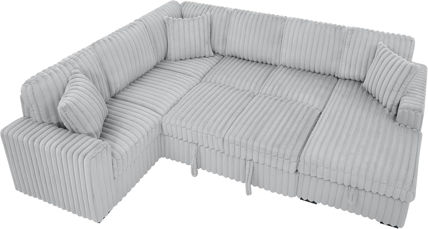 122 Inch Oversized U Shape Corduroy Sectional Sleeper Sofa Bed with Storage Chaise, Pull Out Couch with USB Ports,Gray Grey U Shaped Couch