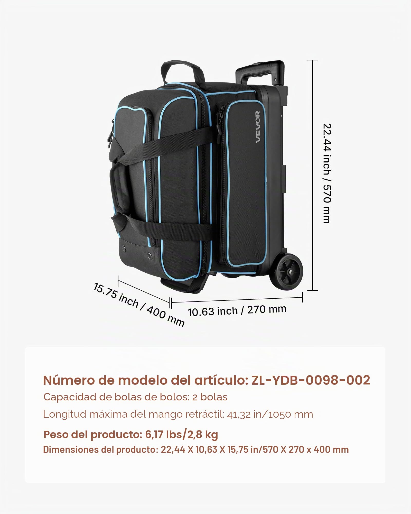 VEVOR Bolsa para 2 Bolas con Ruedas Dobles, Compartimento Separado para Zapatos hasta Talla 16 EE. UU. y Bolsillo Extragrande para Accesorios. Asa Retráctil Extensible hasta 105 cm, Negro Azul