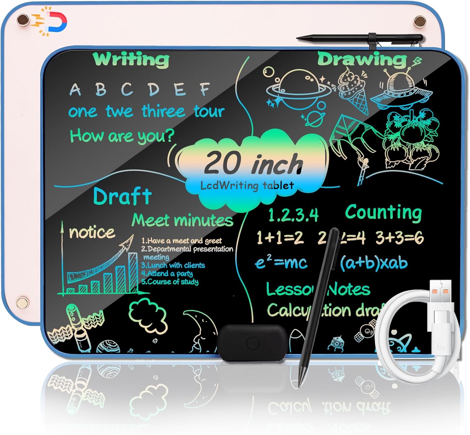 LCD Writing Tablet 20Inch Color Type-C Charging Drawing Tablet Doodle Board, Drawing Pads, Magnet adsorption Fridge, Educational Learning Toddler Toys 3 4 5 6 7 8 9 Years Boy and Girls Blue