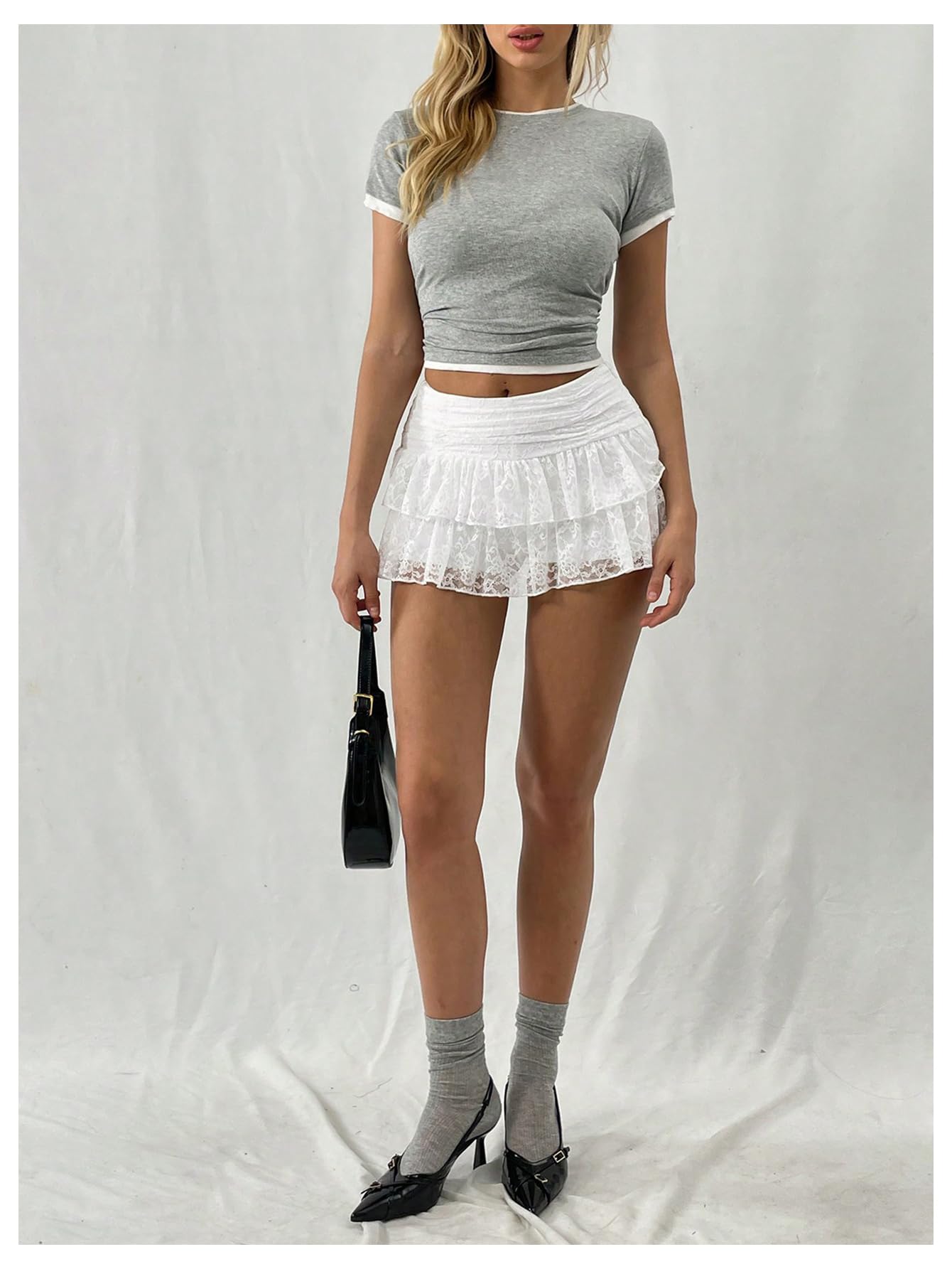 SHENHE Women's Y2k Lace Layered Mini Skirt Ruched A Line Cute Tiered Ruffle Skirt