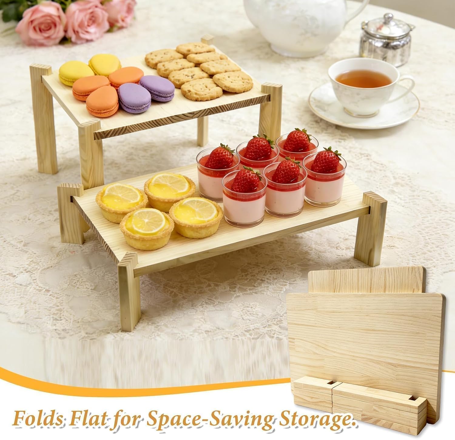 2 Pack Tiered Wooden Serving Tray Set, Cake Stand, Cupcake Stand, Charcuterie Boards with 100 Toothpicks, Rustic Display Risers for Wedding, Party & Catering