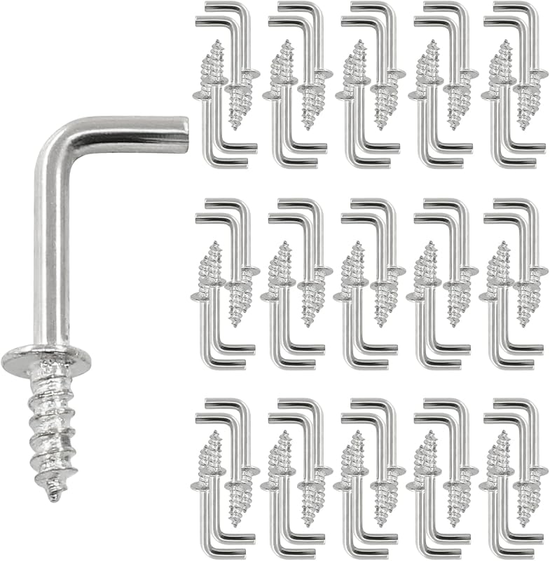 1/2" L Hooks, Silver, 100 Pcs | Square Bend Hooks, Screw In Right Angle Hooks, Self Tapping Screw Hooks for Hanging