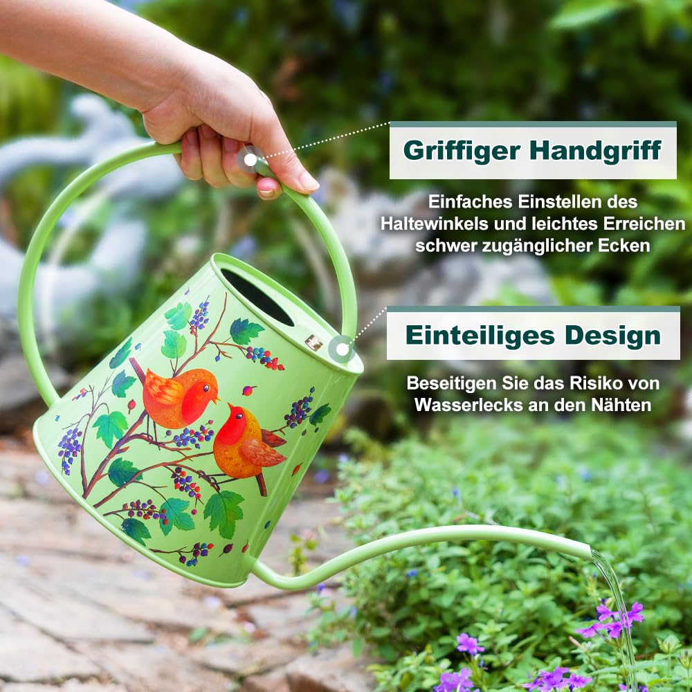 Berry&Bird Gießkanne mit langem Auslauf für Haus & Garten, Gewächshaus, Indoor, Outdoor, Metall, im British Bloom Style für Zimmerpflanzen, Bonsai, 2 Liter(Grün)