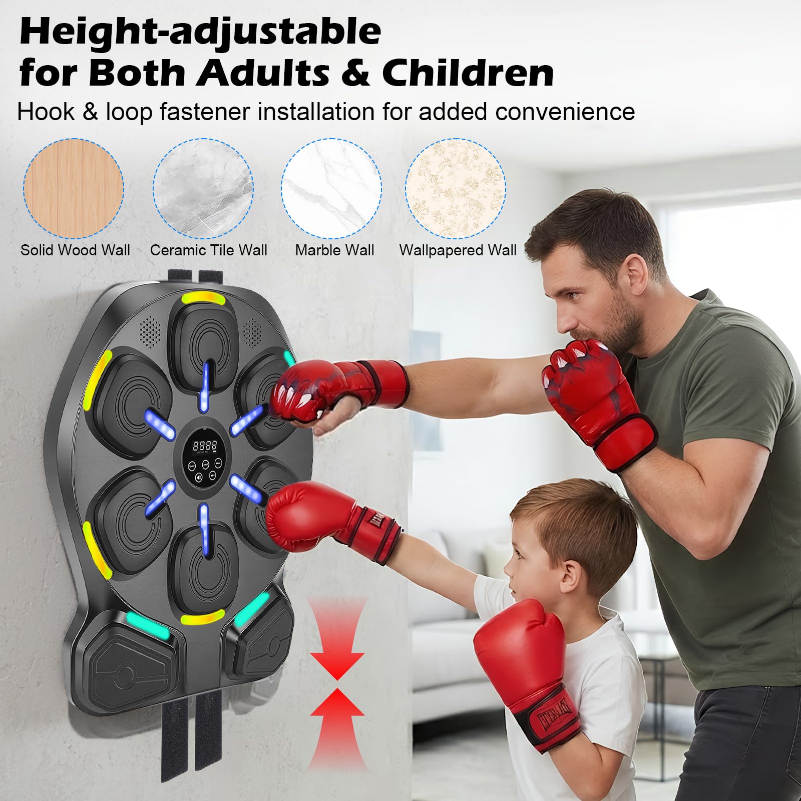 Macchina da boxe con musica, montaggio a parete, 9 modalità e 9 livelli di velocità, allenatore musicale con illuminazione a LED e Bluetooth, guantoni da boxe, per casa, ufficio e palestra