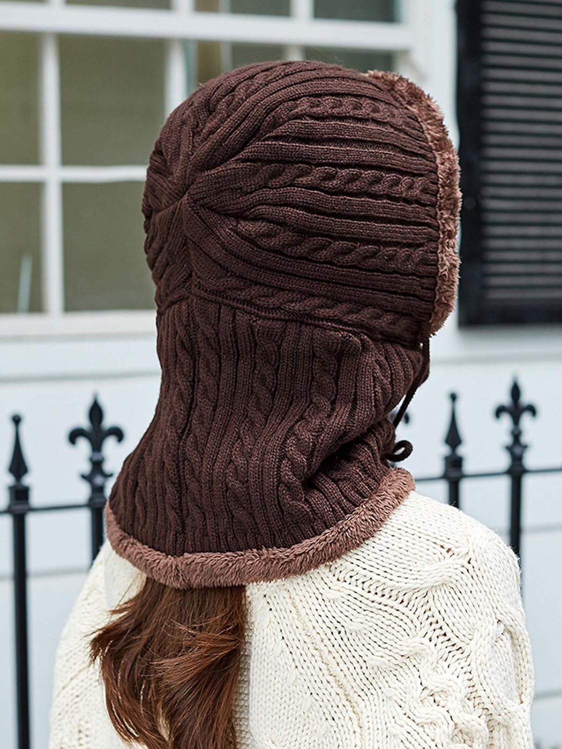 Women Winter Beanie Hats One-Piece Fleece Lined Knit Balaclavas Mask Set Skull Neck Circle Scarf Ski Snow Hat Cap with Pompom - Image 3