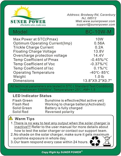 Miniatura 5 de SUNER POWER Mantenedor de cargador de batería solar de 10 W y 12 V, controlador de carga MPPT inteligente integrado, soporte de montaje ajustable,