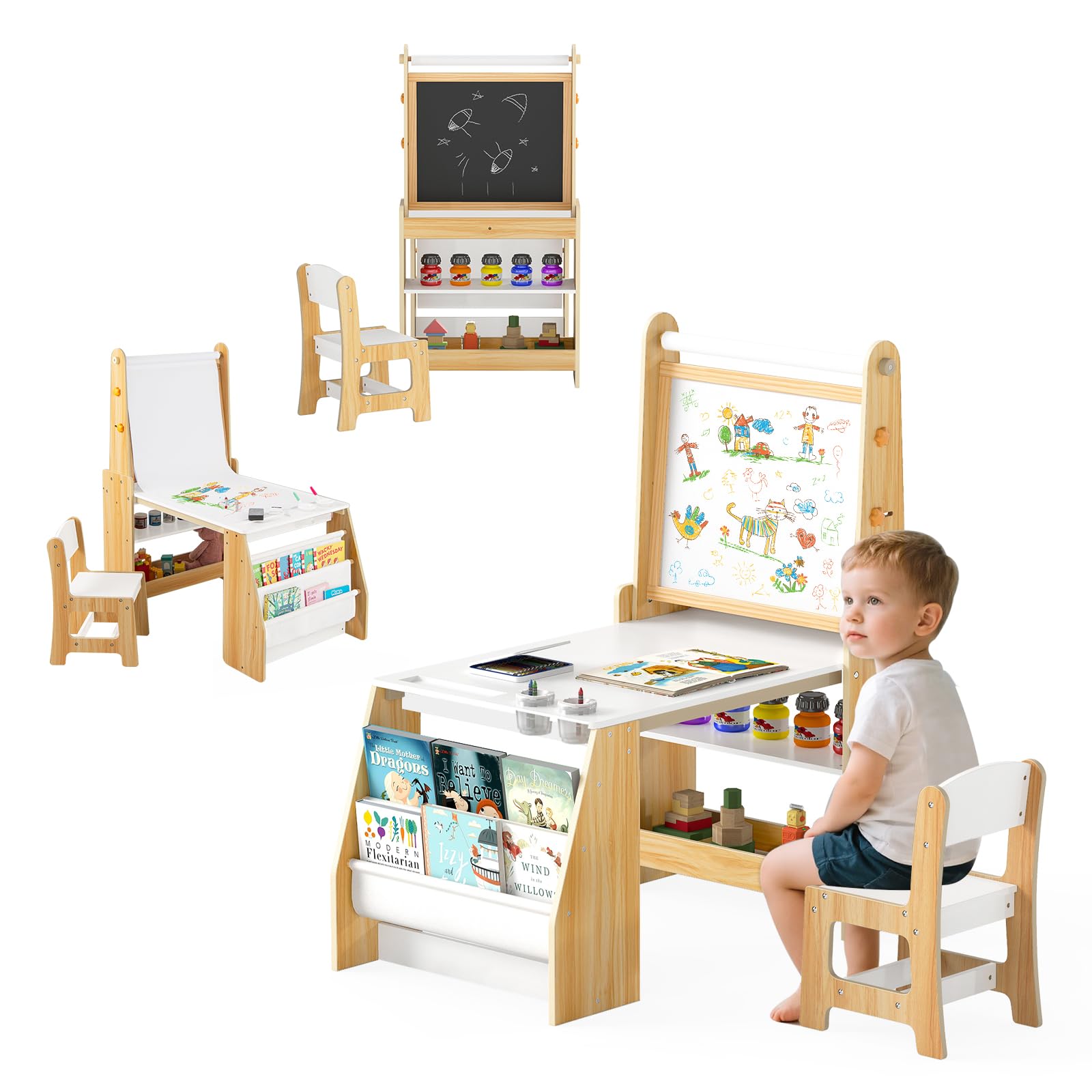 GOPLUS Table Enfant avec Chaise, Table à Dessin en Bois avec Tableau Noir/Blanc, Rouleau de Papier, Gomme, Craies, Gobelets de Peinture, Bureau Enfant en Bois avec Étagère (Naturel)