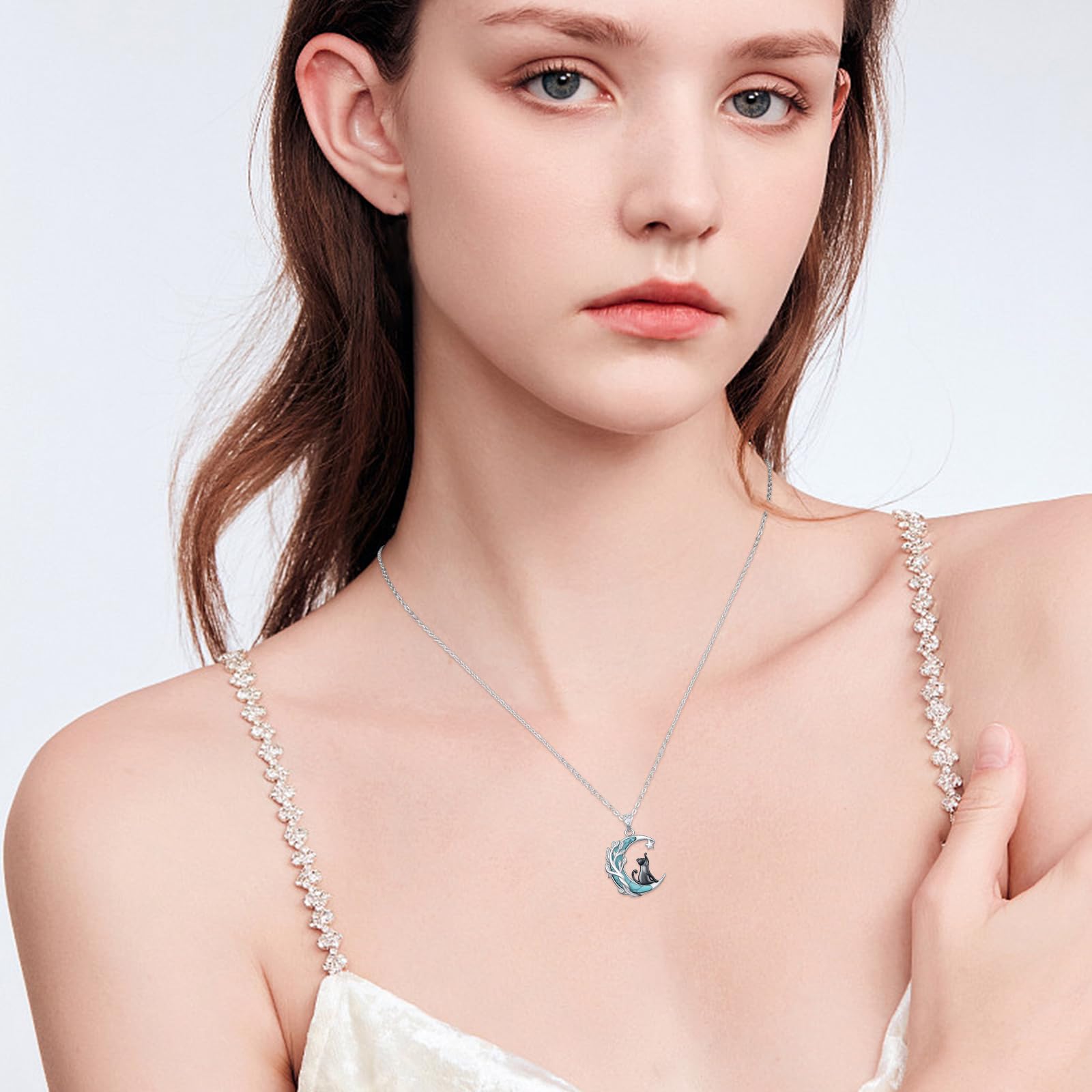 Katzen Halsketten für Damen 925 Sterling Silber Schwarzem Katzen Mondanhänger Katze Anhänger kette für Tierliebhaber Kätzchen Schmuck Geburtstags Geschenke für Mädchen