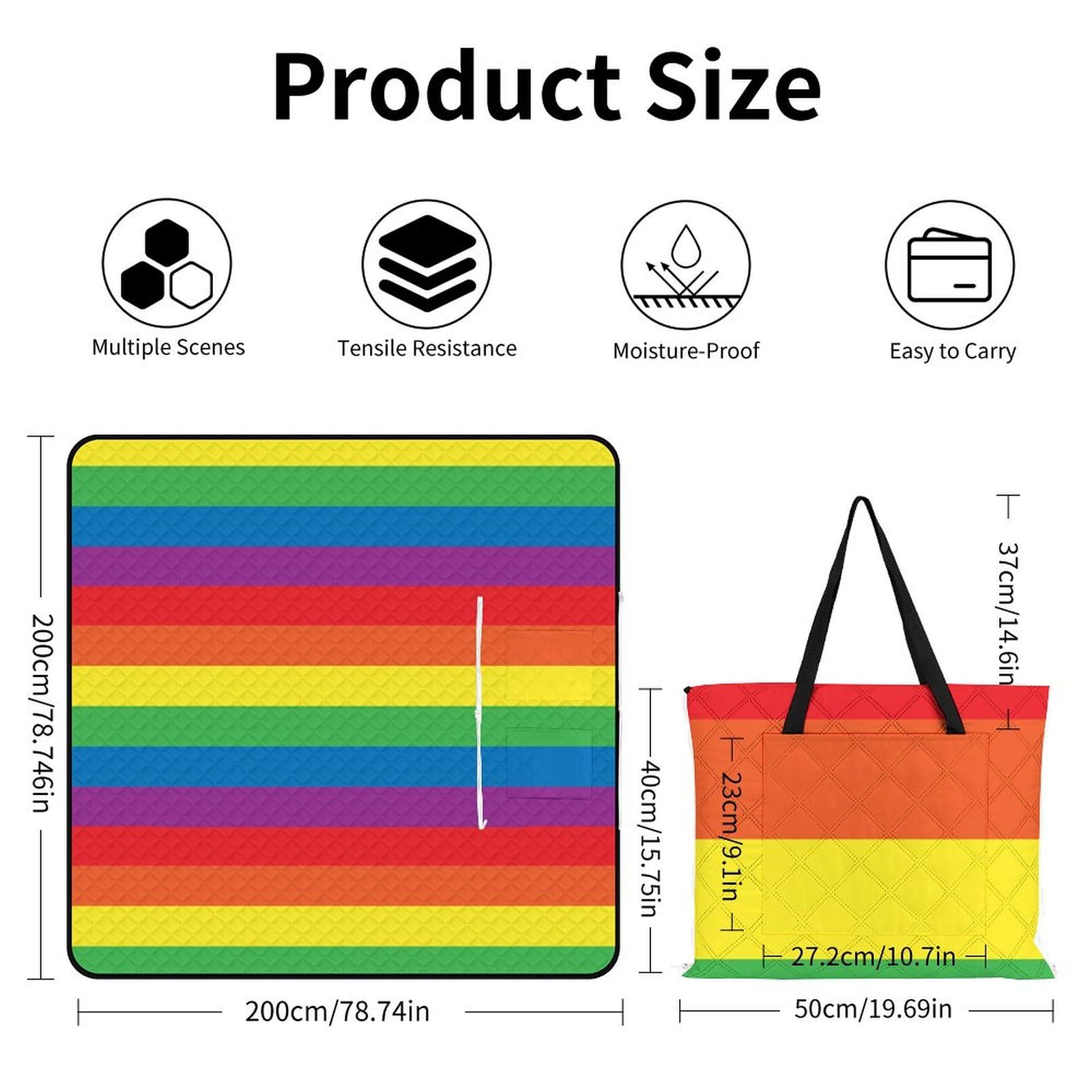 Picknickmatte mit Reißverschluss, Regenbogen-Picknickdecke, Outdoor-Teppiche, 200 x 200 cm