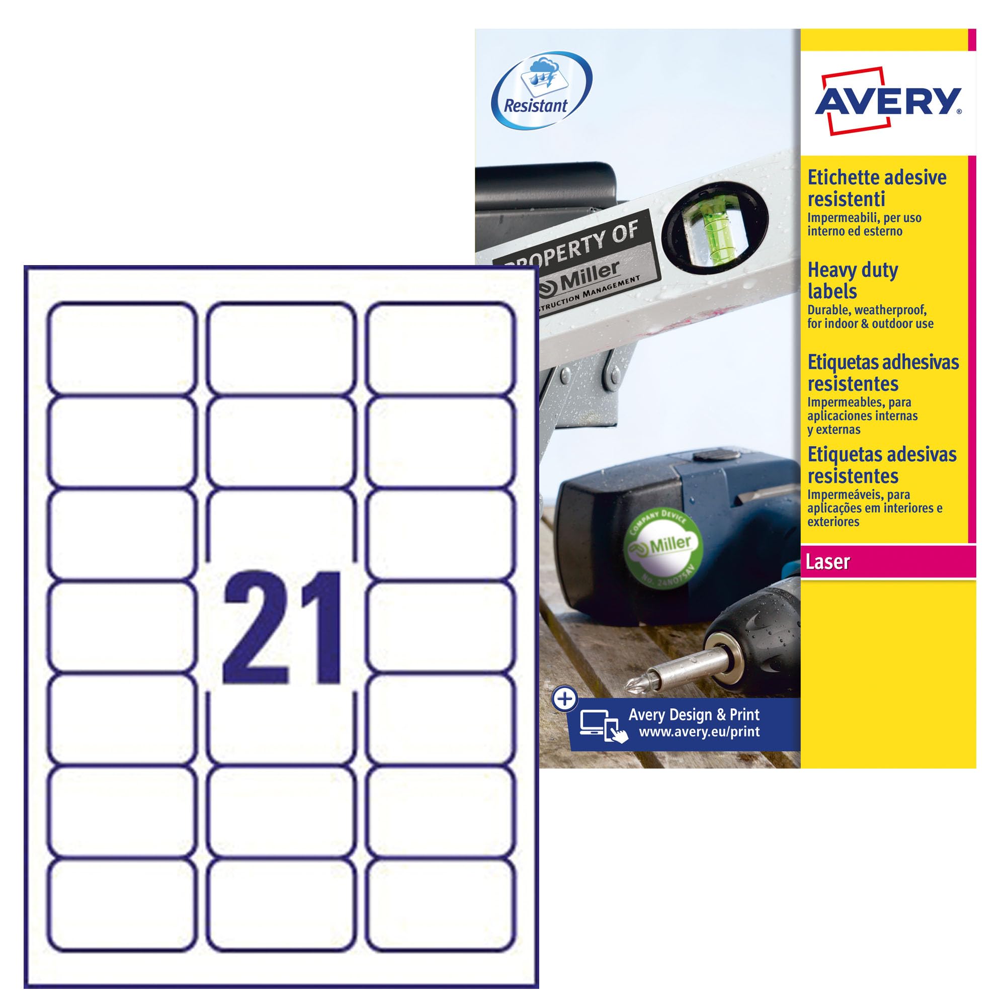 Avery Italia L7060-20 Etiquetas adhesivas de poliéster blanco fuerte, 20 hojas A4, rectangulares 63,5 x 38,1 mm, 21 etiquetas por hoja, adhesivo permanente, impresoras láser