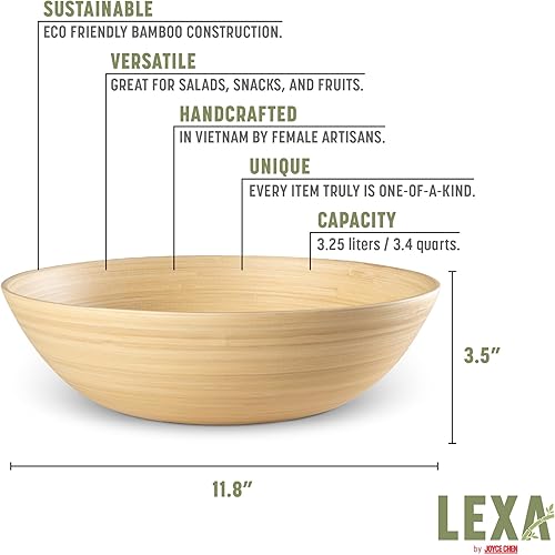 Miniatura 5 de LEXA Ensaladera de bambú hecha a mano de 12 pulgadas  Frutero de madera grande de 130 onzas para encimera de cocina, bambú natural