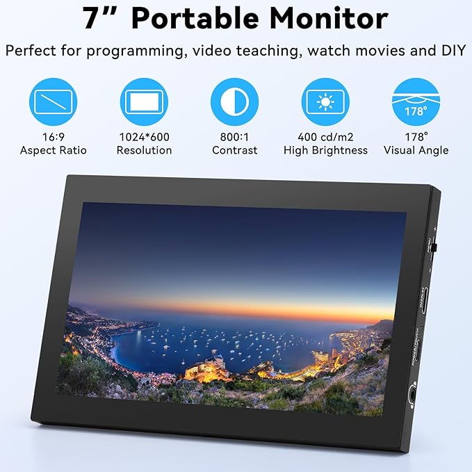Monitor Portátil 7 Pulgadas con Pantalla Táctil IPS Resolución 1024x600 miniatura 2