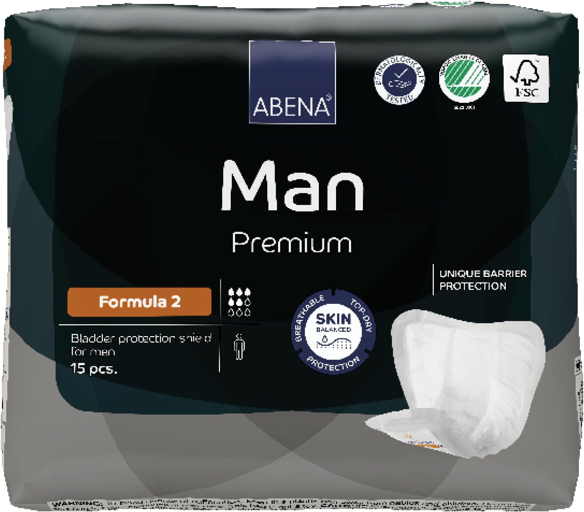 Abena Man Formula 2 Incontinence Pads for Men, Eco-Labelled Mens Incontinence Pads, Extra Protection, Breathable & Comfortable with Fast Absorption, Discreet - 700ml Absorbency, 15PK