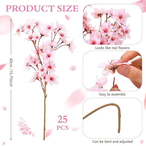 Miniatura 2 de Tigeen 25 ramas artificiales de flor de cerezo de seda de 15.7 pulgadas, ramas florales falsas, tallos de flores artificiales para jarrón, hogar,