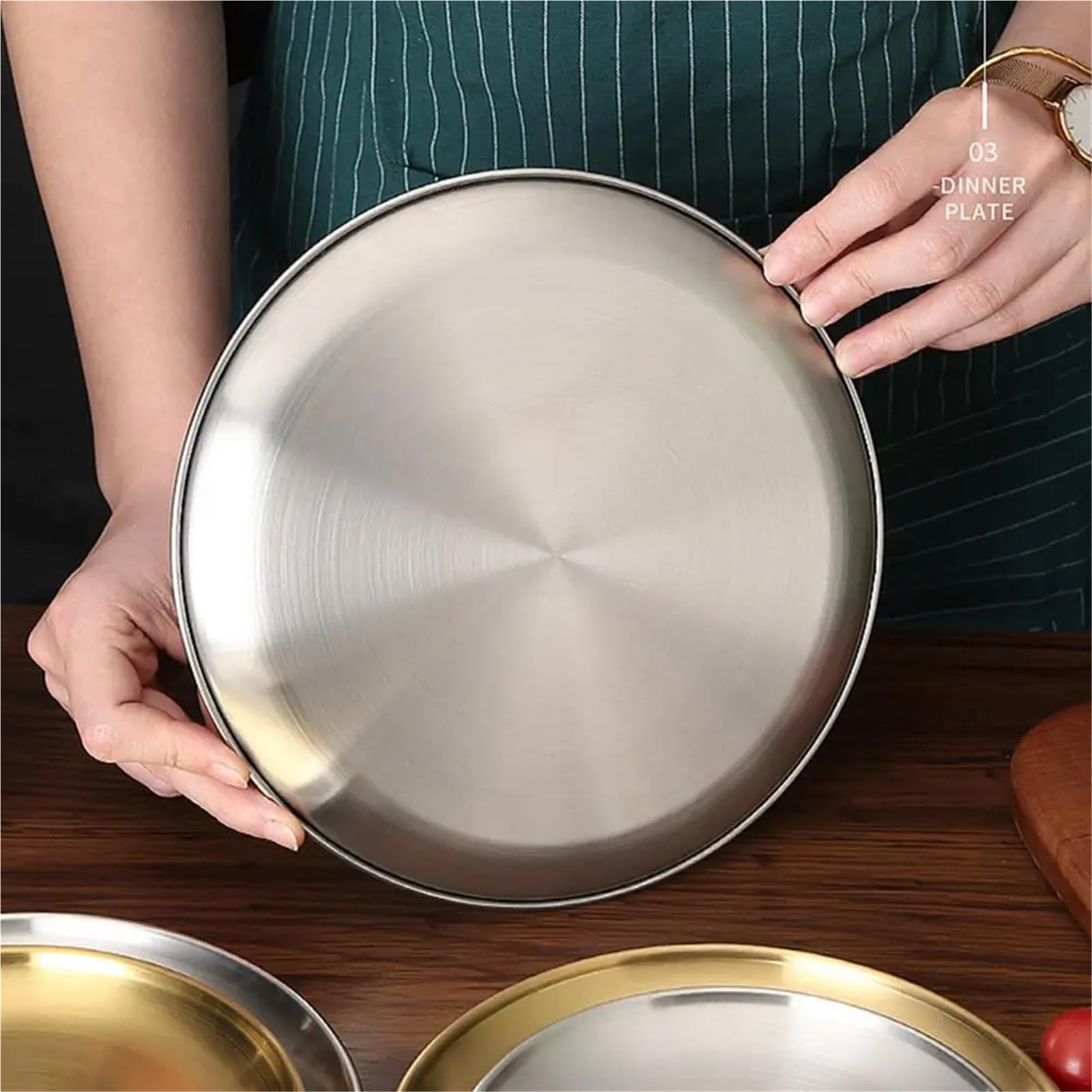 4 pezzi Vassoio da portata in acciaio inossidabile in metallo Piatto rotondo in for frutta per Cucina(Silver,23cm)