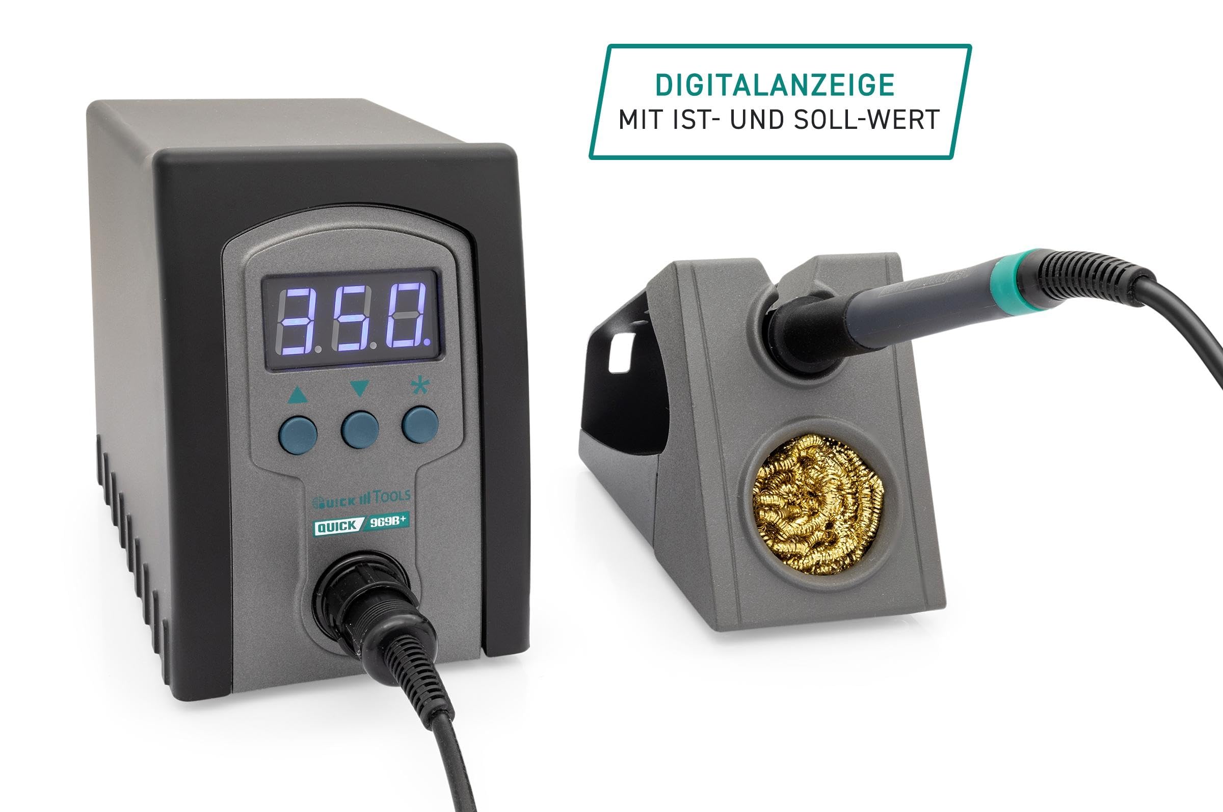 QUICK 969B+ - Estación de soldadura manual digital LED industrial (70 W, protección ESD, 100° – 480 °C, tiempo de calentamiento reducido (39 segundos a 350 °C), 3 memorias de temperatura fija