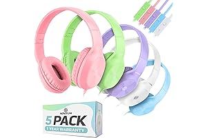 Sonitum Bulk Kids Headphones for School: 5-Pack Wired Headphones with Microphones for Students