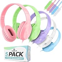Sonitum 5-Pack Kids Headphones with Mic - Durable On-Ear Wired Headsets for School, Classroom & Remote Learning