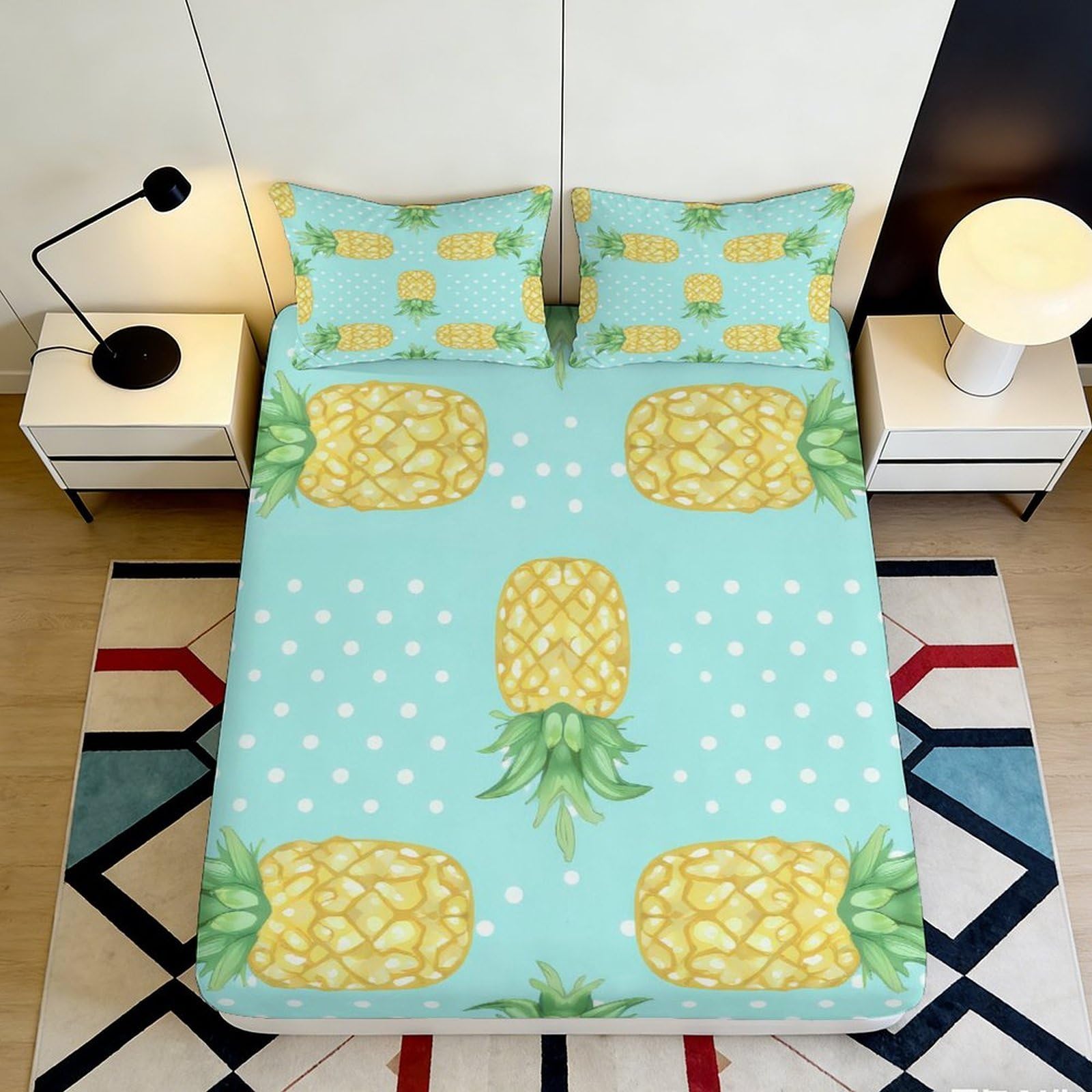 3D Printed Pineapple Pattern Fitted Sheet Microfiber Non-Slip Mattress Cover Yellow Fruit Decor for Bedroom Guest Room 90x200x25cm