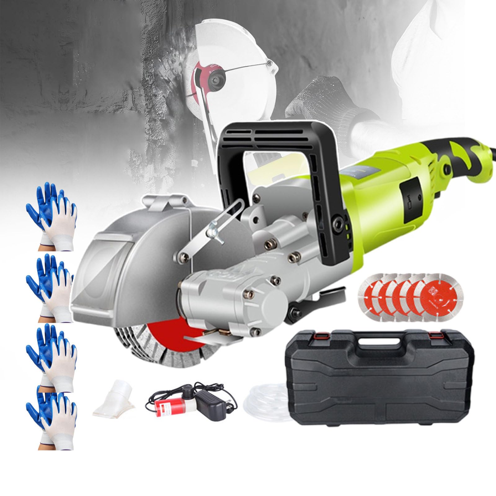 Inseguitore Elettrico per Muri 7500 Giri/Min, Macchina per Scanalature di Muri in Cemento con 4 Guanti, Inseguitore di Mattoni in Cemento per Mattoni, Marmo, Legno,Green