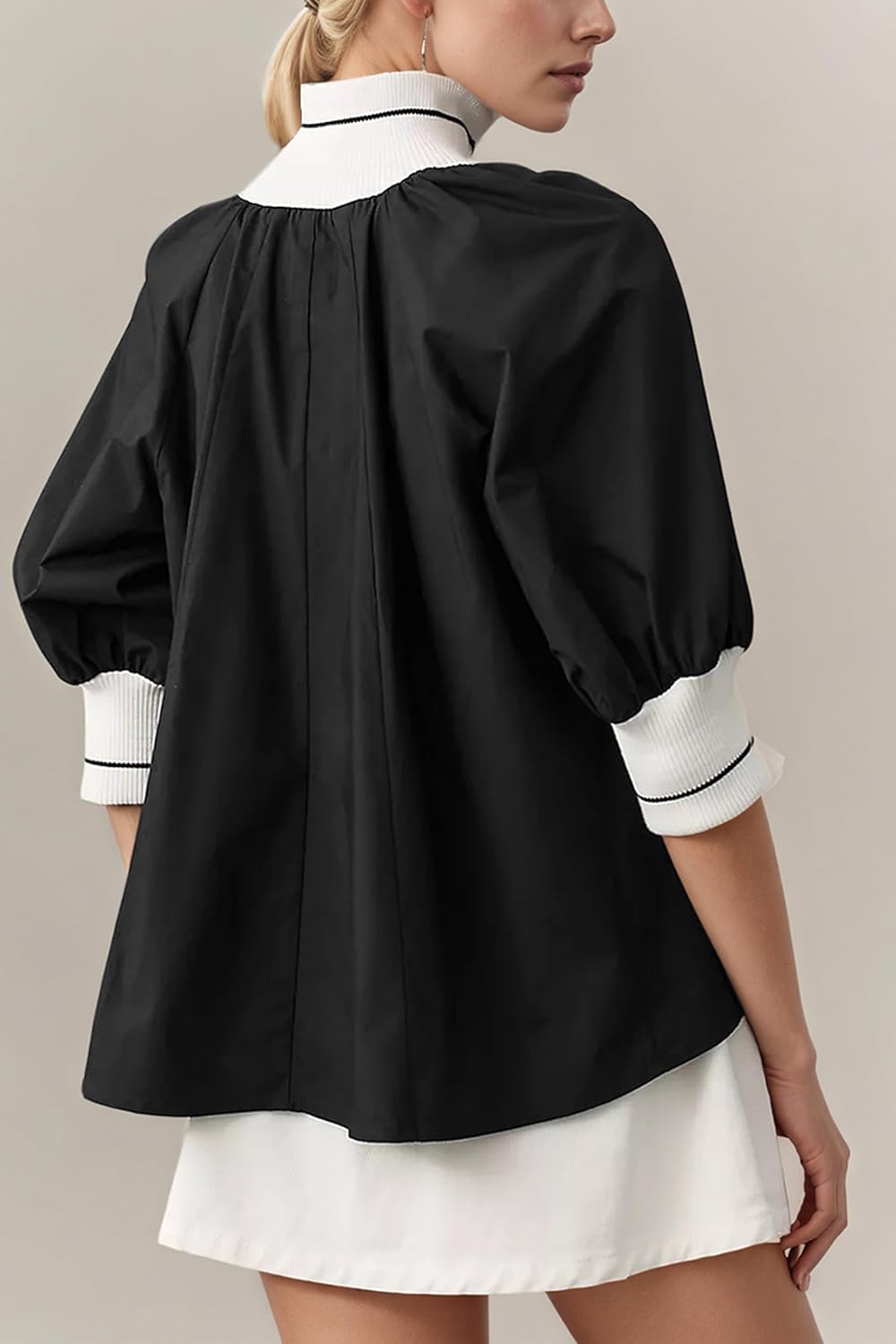 Women Sporty Henley Swing Tops Puff Sleeve Half Zip Blouse Casual Loose fit Flowy Shirt Tunic - Image 3