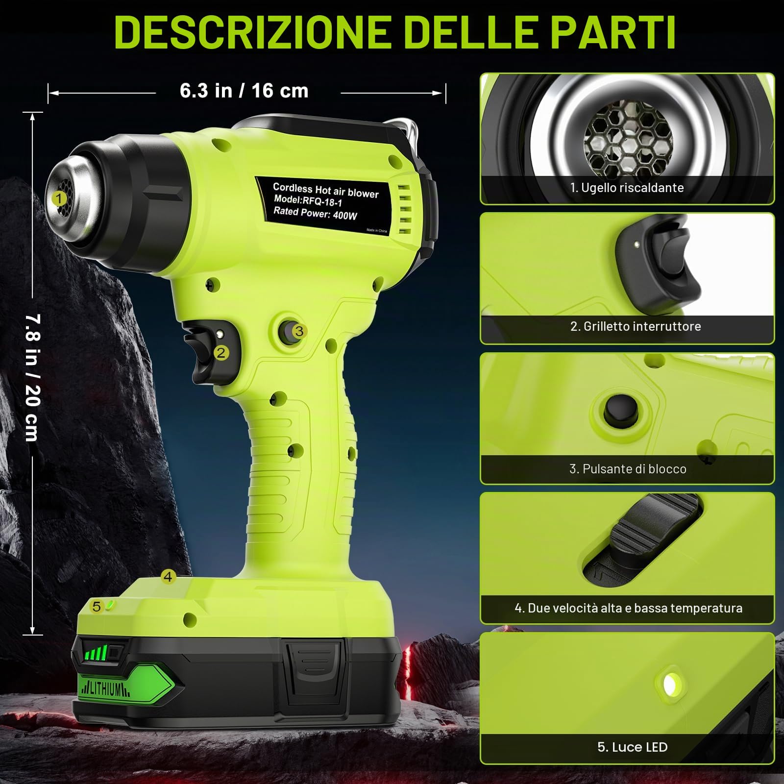 Pistola ad aria calda P108 a batteria per Ryobi 18 V One+ (senza batteria) pistola termica per saldatura, piegatura dei tubi, rimozione del colore, pistola termica con 4 ugelli.