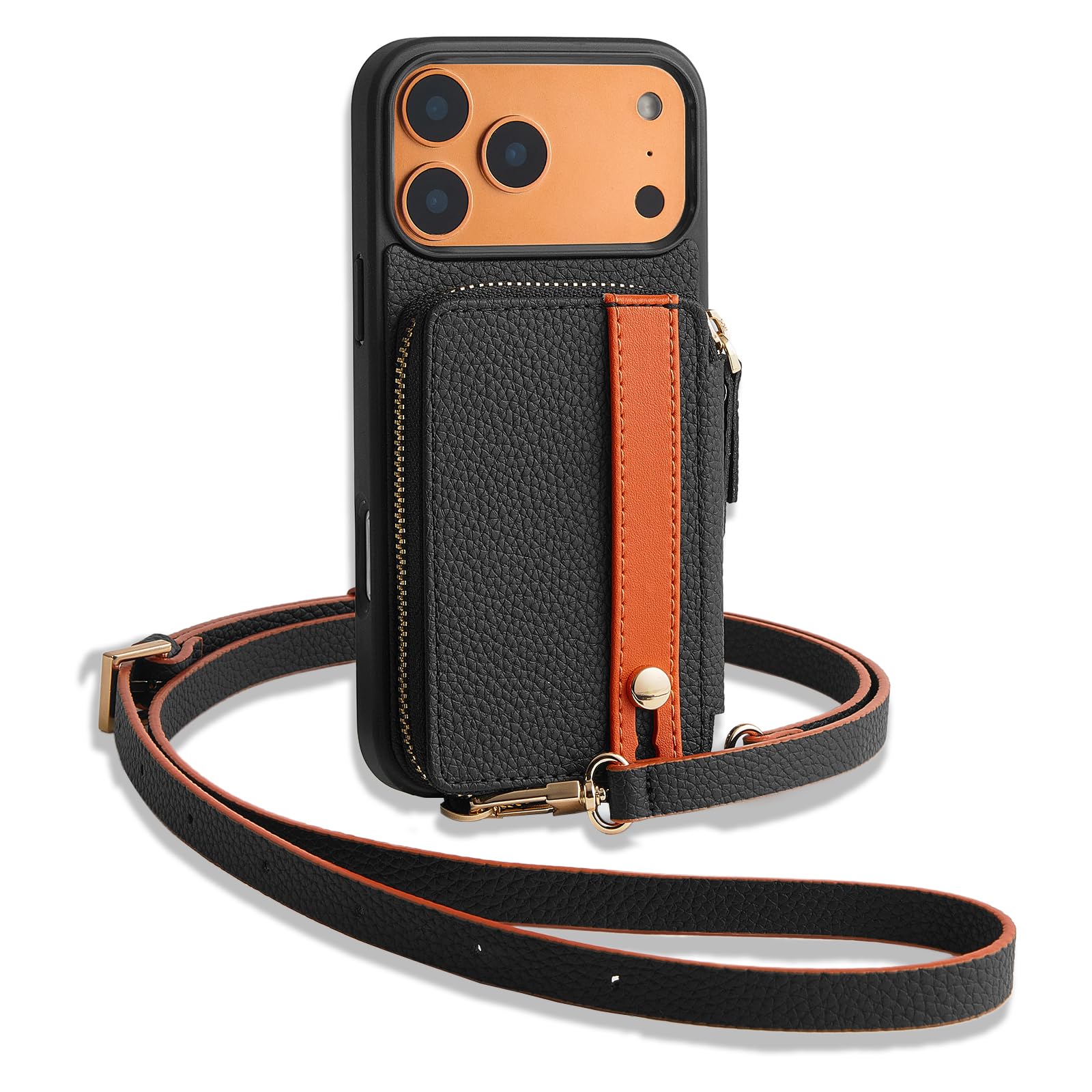Photo 1 of LAMEEKU for iPhone 17 Pro Wallet Case with Card Holder, Crossbody Zipper Cover with Strap for Women 6.3 inch Black