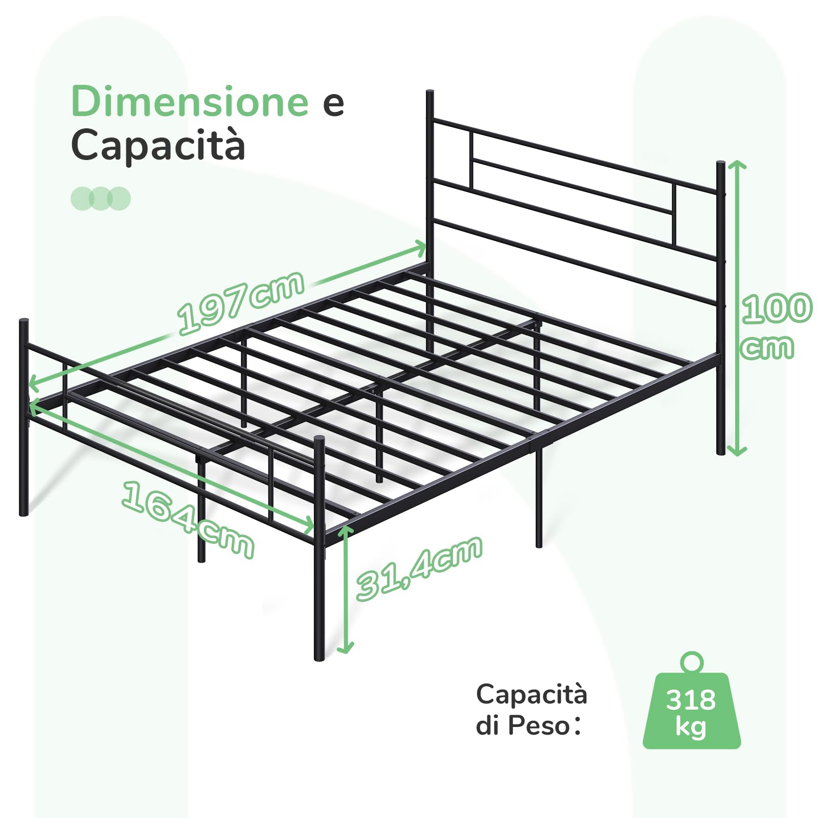 Novilla Rete Letto Matrimoniale 160x190 Struttura Letto con Testiera e Pediera, Supporto a Doghe in Acciaio, Design Antiscivolo per Materasso, Spazio di Archiviazione Sotto il Letto, Nero