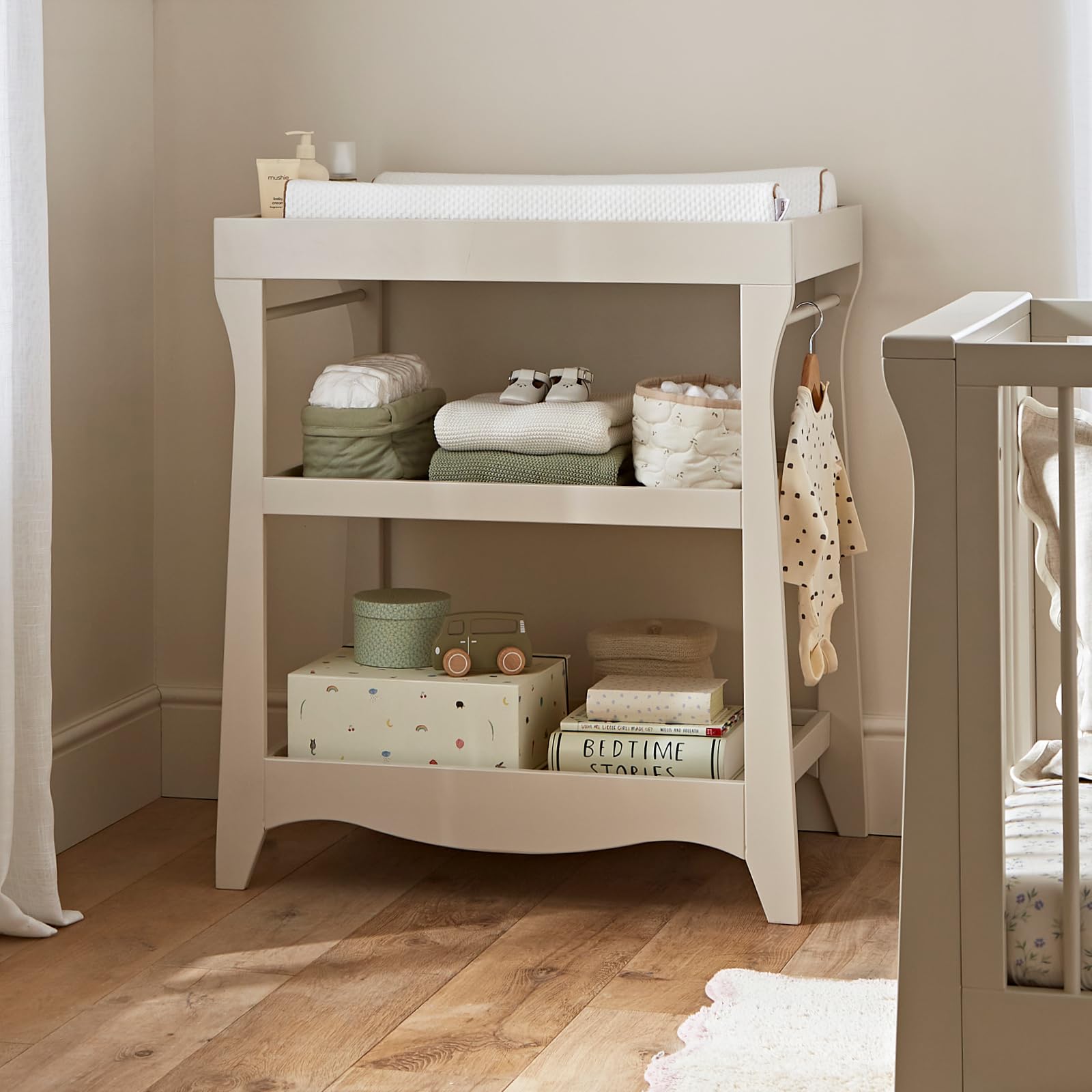 CuddleCo Clara Baby Changing Table in Cashmere & Ash - Space-Saving Baby Changing Unit with Open Storage Space, 2 Shelves & Hanging Rails - Strong & Sturdy Design for Parents & Families