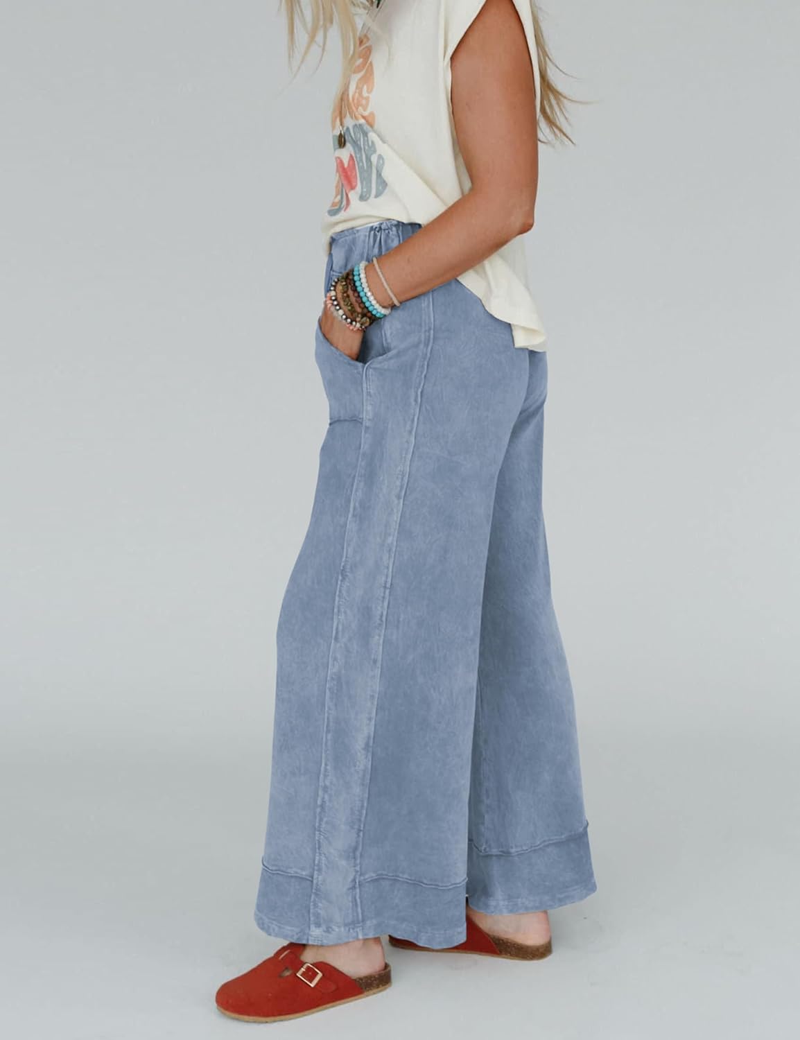 Athlisan Womens Casual Wide Leg Sweatpants Acid Wash Elastic Waisted Palazzo Pants Trousers with Pockets - Image 3