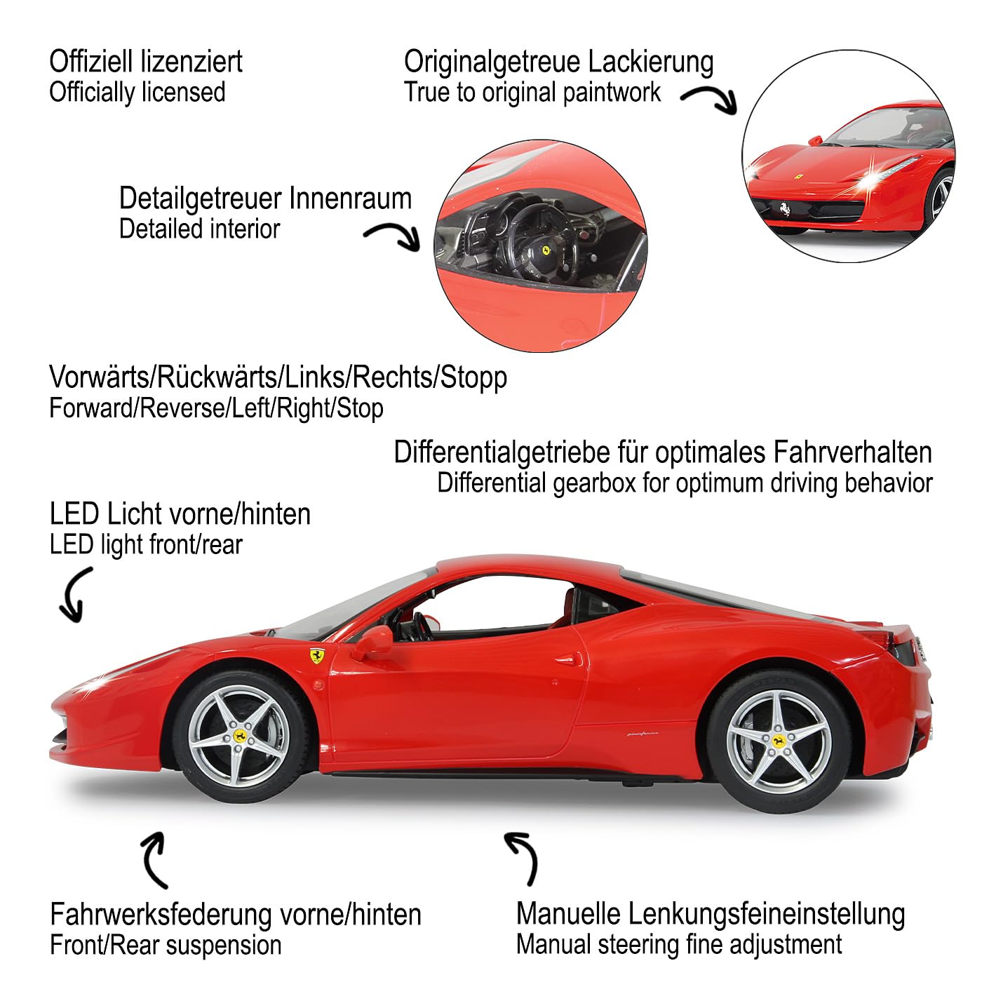 JAMARA 404305 - Ferrari 458 Italia 1:14 2,4 GHz - oficjalnie licencjonowany, do 1 godziny jazdy przy 11 km/h, LED, idealnie odtworzone szczegóły, szczegółowe wnętrze, wysokiej jakości wykonanie