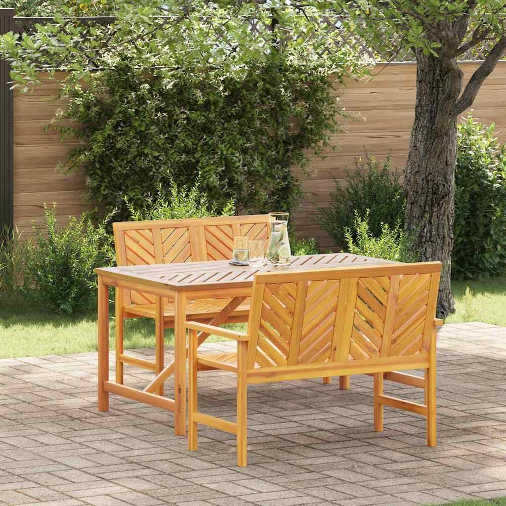 Set da pranzo da giardino in legno di acacia massiccio, marrone, 3 pezzi, con robusto tavolo da pranzo e panca da giardino, oliato, rettangolare, ideale per terrazza, balcone, esterno, facile