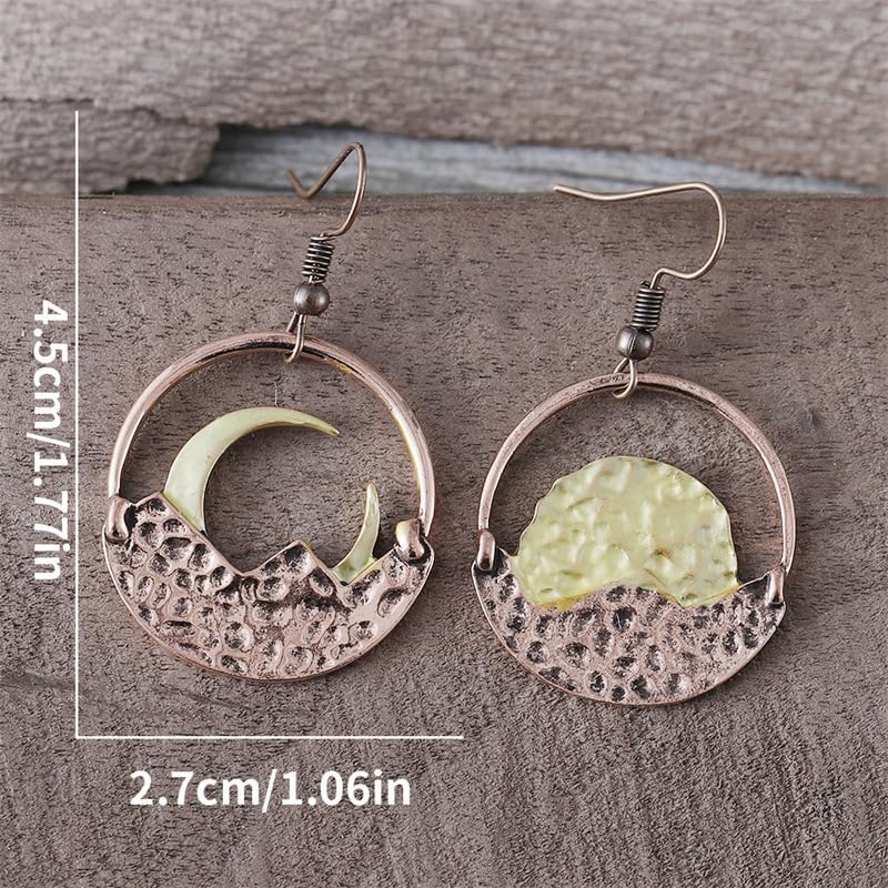 Retro Mountain Moon Sun Earrings Vintage Asymmetrical Round Dangle Earrings for Women - Image 4