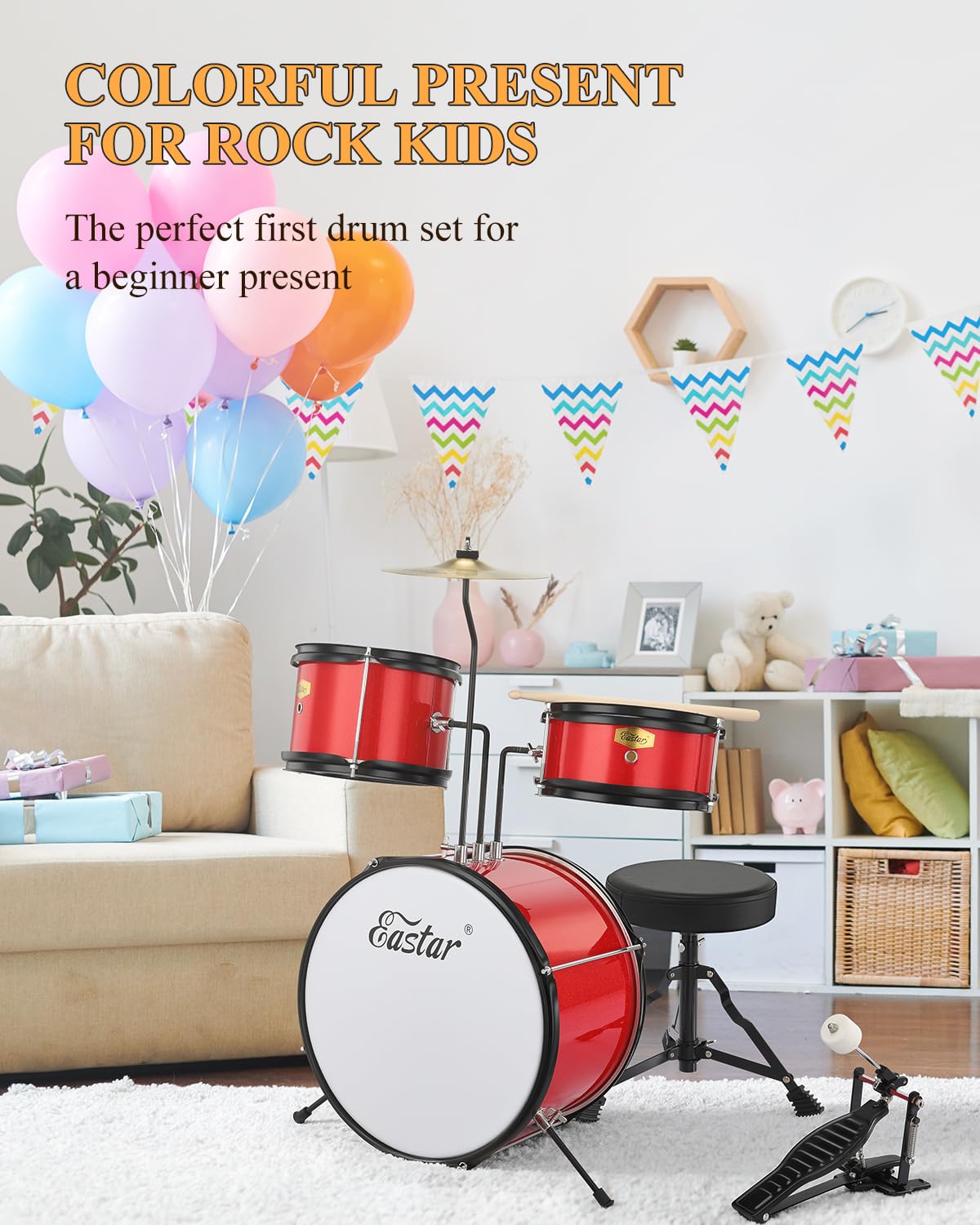 Eastar Batteria per Bambini per età 3-10 Anni, Junior Drum Set con Rullante, Tom, Grancassa, Pedale Grancassa, Sedile e Bacchette (Rosso)