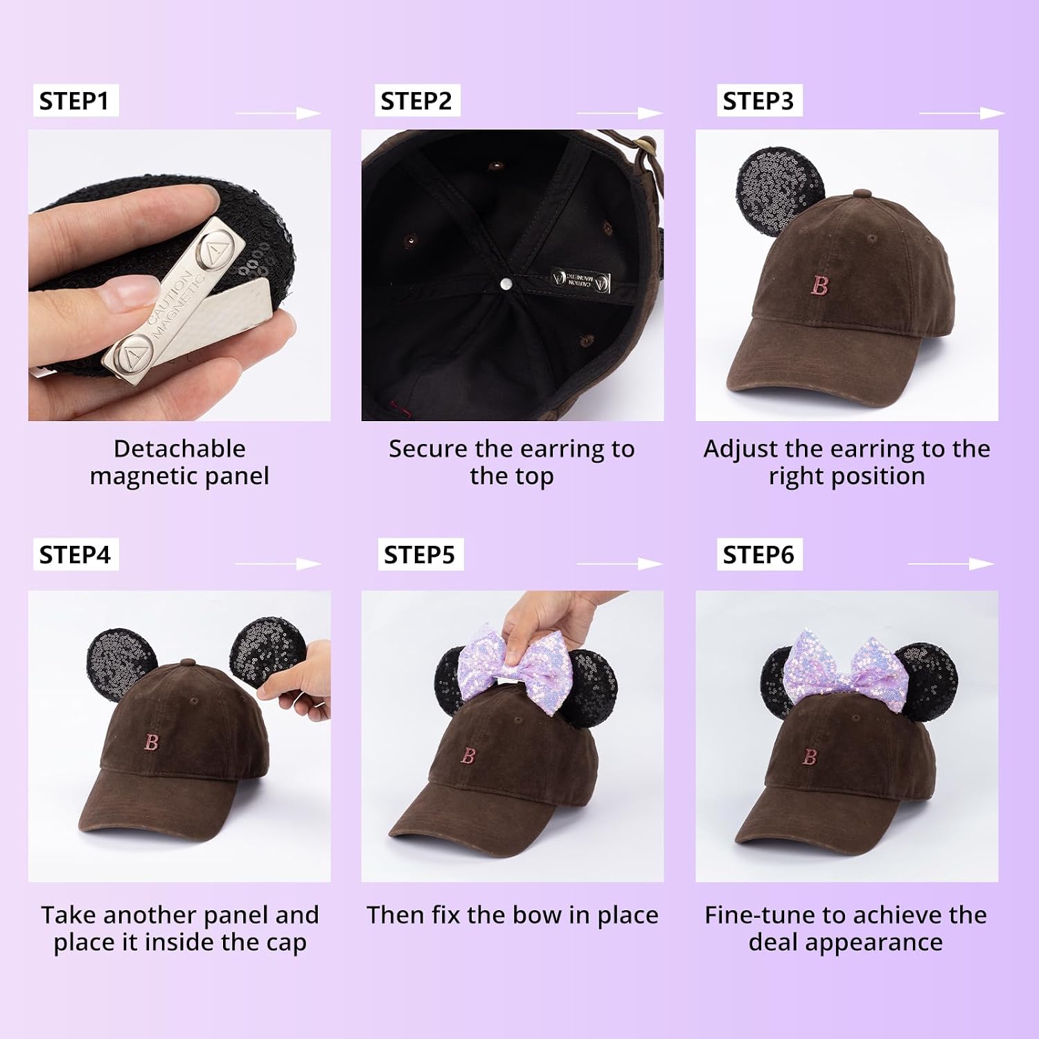 ZIYIZE Magnetic Mouse Ears for Hats, Removable Magnet Ear for Cap, Clip-On Hat Accessory, Theme Parks Halloween Cosplay