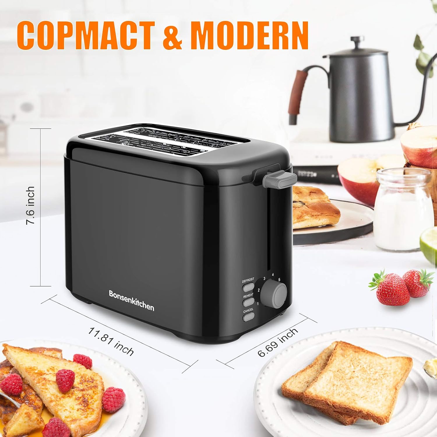 Toaster 2 Slice Extra-Wide Slot Toaster, 7 Browning Settings, Defrost/Reheat/Cancel Functions, Toast Boost, Auto Shutoff, Removable Crumb Tray, 800W,Black