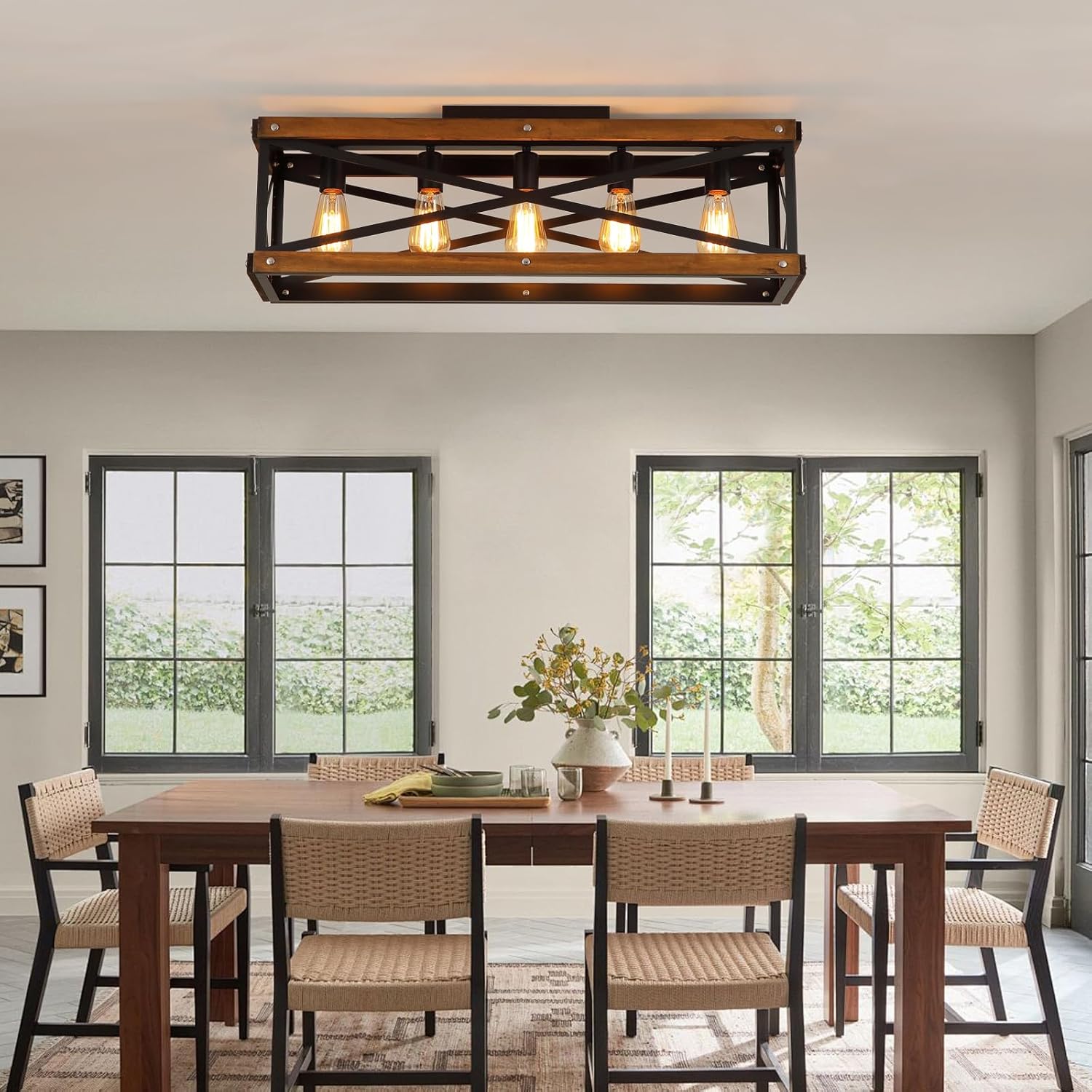 5-Light Large Rustic Farmhouse Wood Flush Mount Ceiling Light Fixture 31.5 inch Oak Wood and Metal Rectangular Track Semi Flush Mount Ceiling Light for Kitchen Living Room Bedroom Indoor, Black