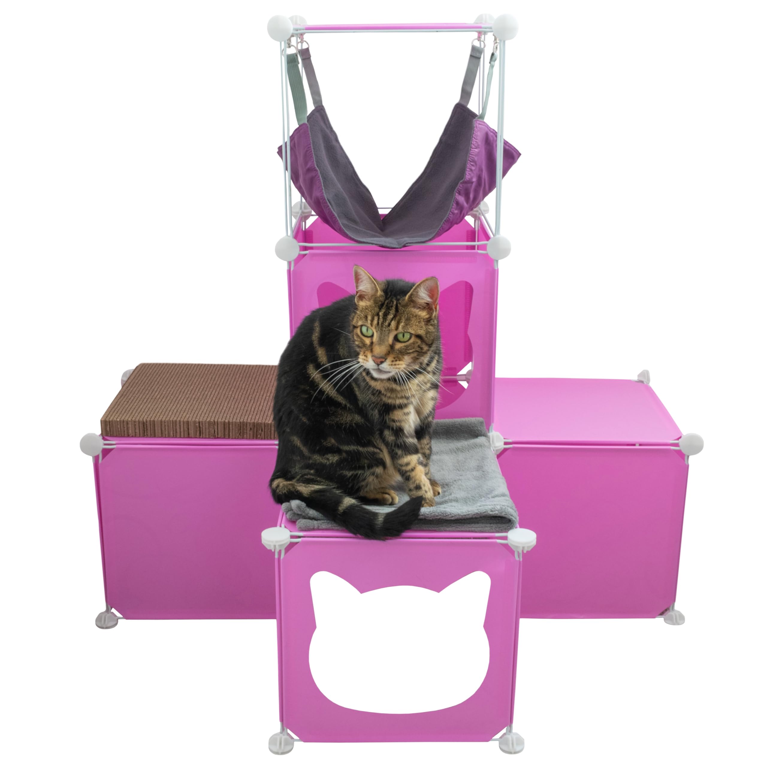 Kitty Cubby Cat Cube Play Tower Medium Size – Modular Cat Activity Centre with Hammock, Scratcher & Blanket | Customizable Climbing & Playhouse for Cats (Pink, Grey, or Cream) (Pink) — image 1
