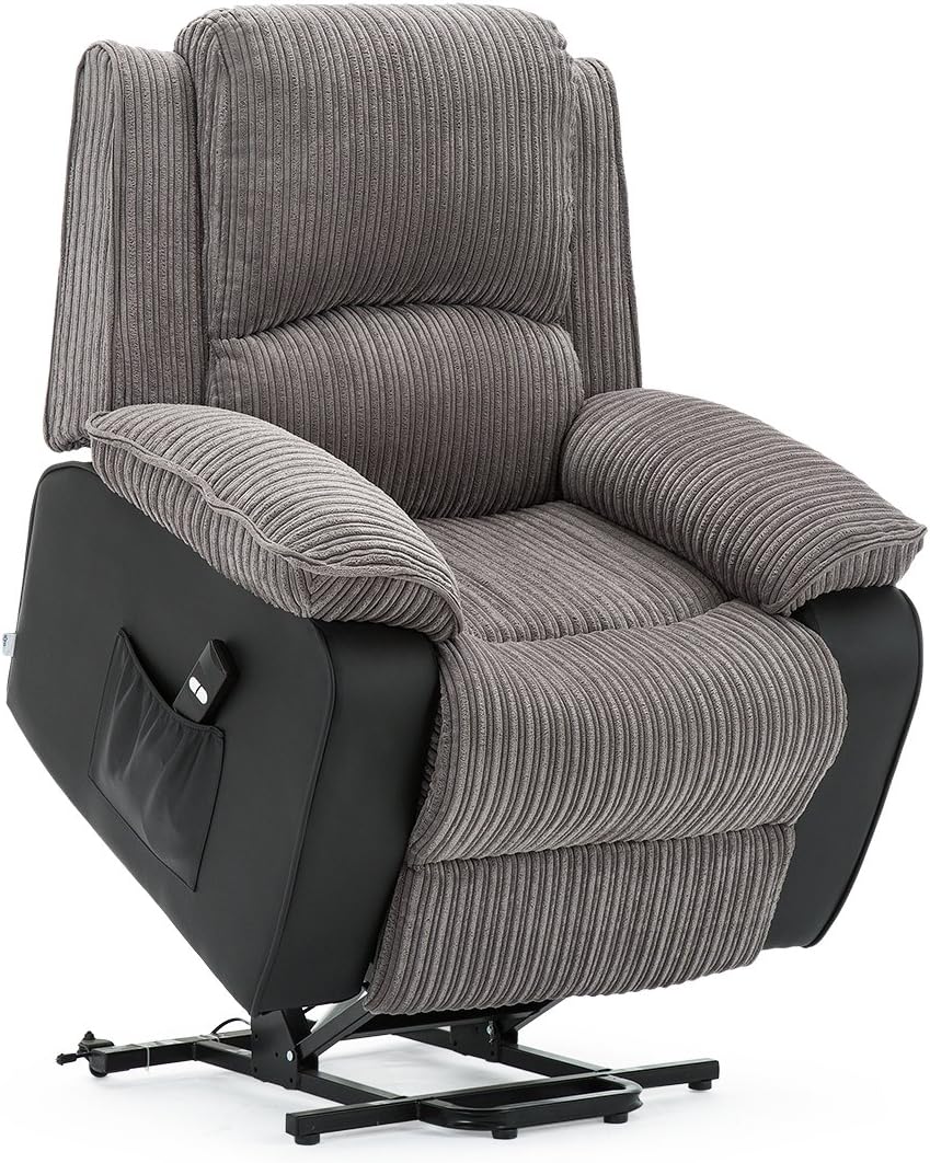 – POSTANA JUMBO CORD FABRIC RISE RECLINER ARMCHAIR ELECTRIC LIFT RISER CHAIR (Grey)