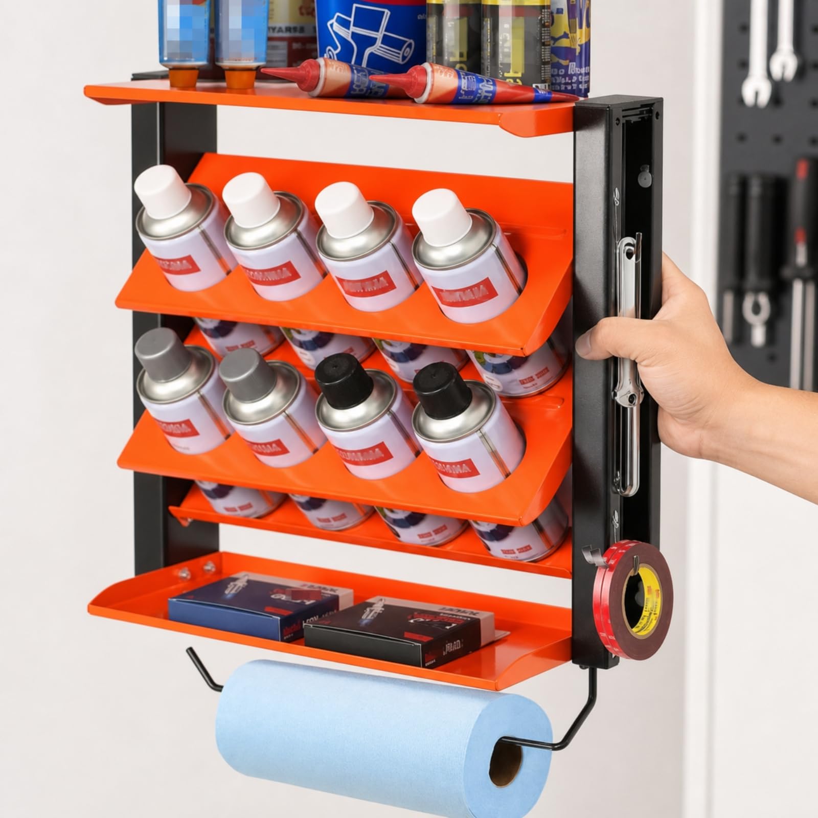 Bombolet Spray con rotolo di Carta Salvaspazio Rastrelliera da Officina con rotolo Verniciato a Polvere per Garage