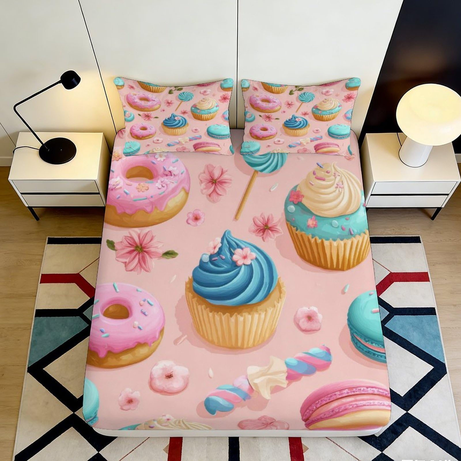 3D Printed Dessert Donut Fitted Sheet Microfiber Soft Pink Cupcake Bed Cover for Bedroom Guest Room Dorm Mattress Decor 90x200x25cm