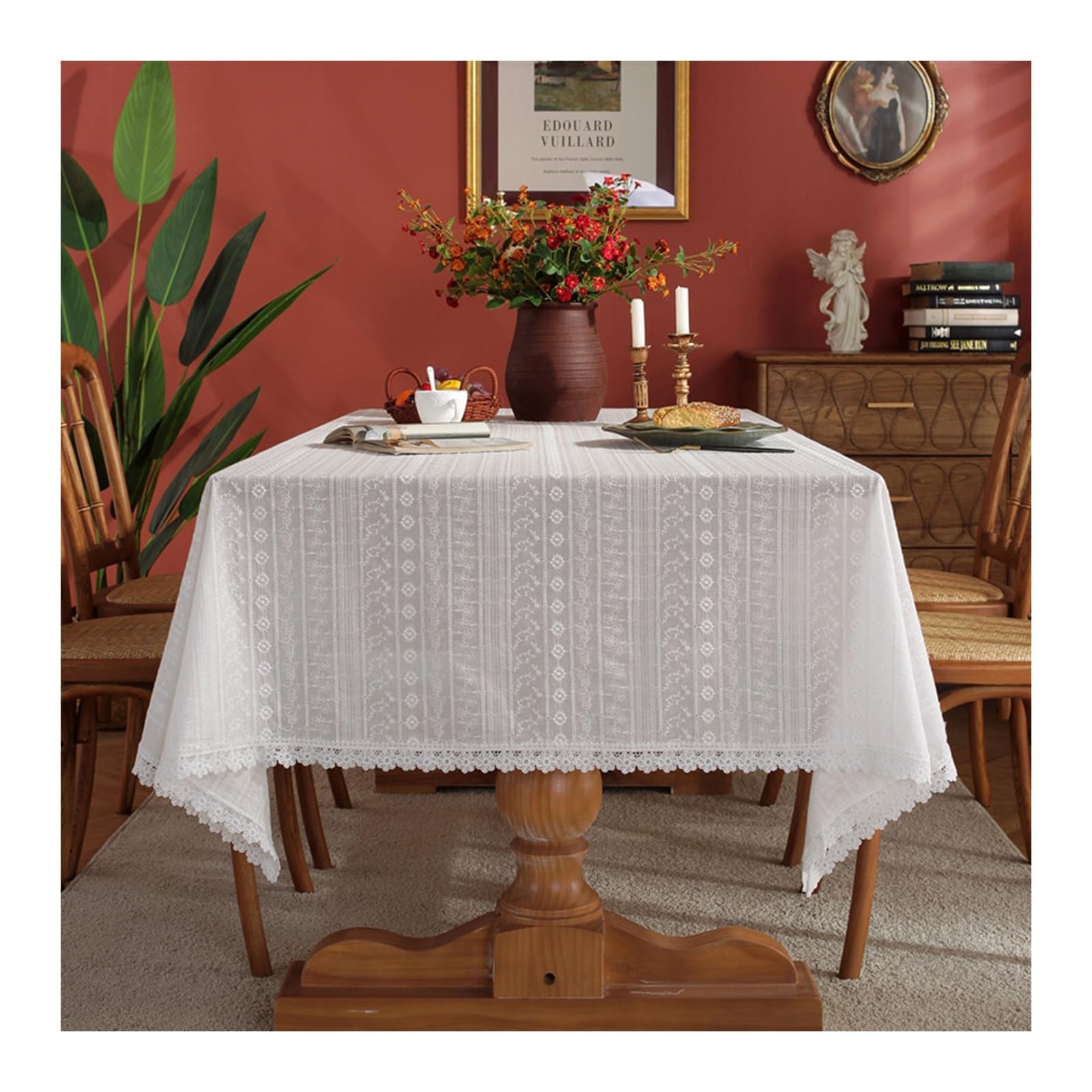 Nappe en coton haut de gamme avec dentelle brodée ajourée blanche 90x90cm