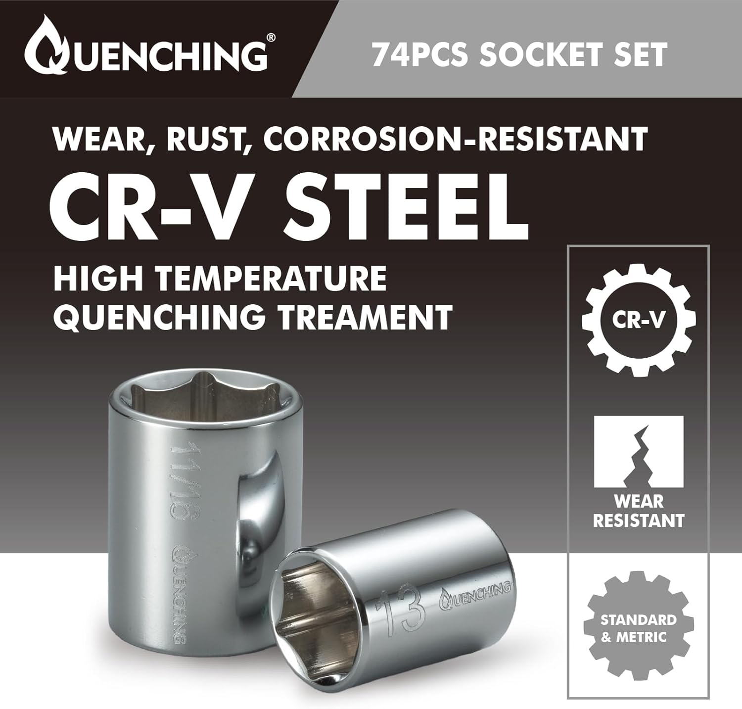 1/4" & 3/8" Drive Socket Set, 74Pcs Socket Wrench Set SAE from 1/4"-3/4", Metric 4-19mm, 6-Point CR-V Shallow Sockets Kit with 72T Quick-Release Ratchet, Extension Bar, Storage Case